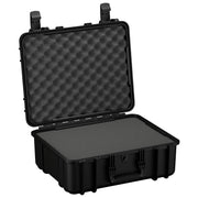 Alt text: "20-inch large black protective hard case with foam interior, open, showing customizable foam padding both in the base and the lid for securing contents."