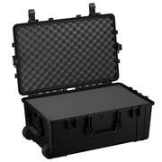 Alt text: "31-inch large black protective case with a rugged design, featuring wheels, double-throw latches, and a foam-lined interior. Case #1258, shown open and empty."