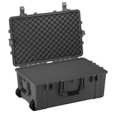 Alt text: "Open large, gray protective hard case with foam interior, featuring rugged handles and built-in wheels, model number #1258, measuring 31 inches."