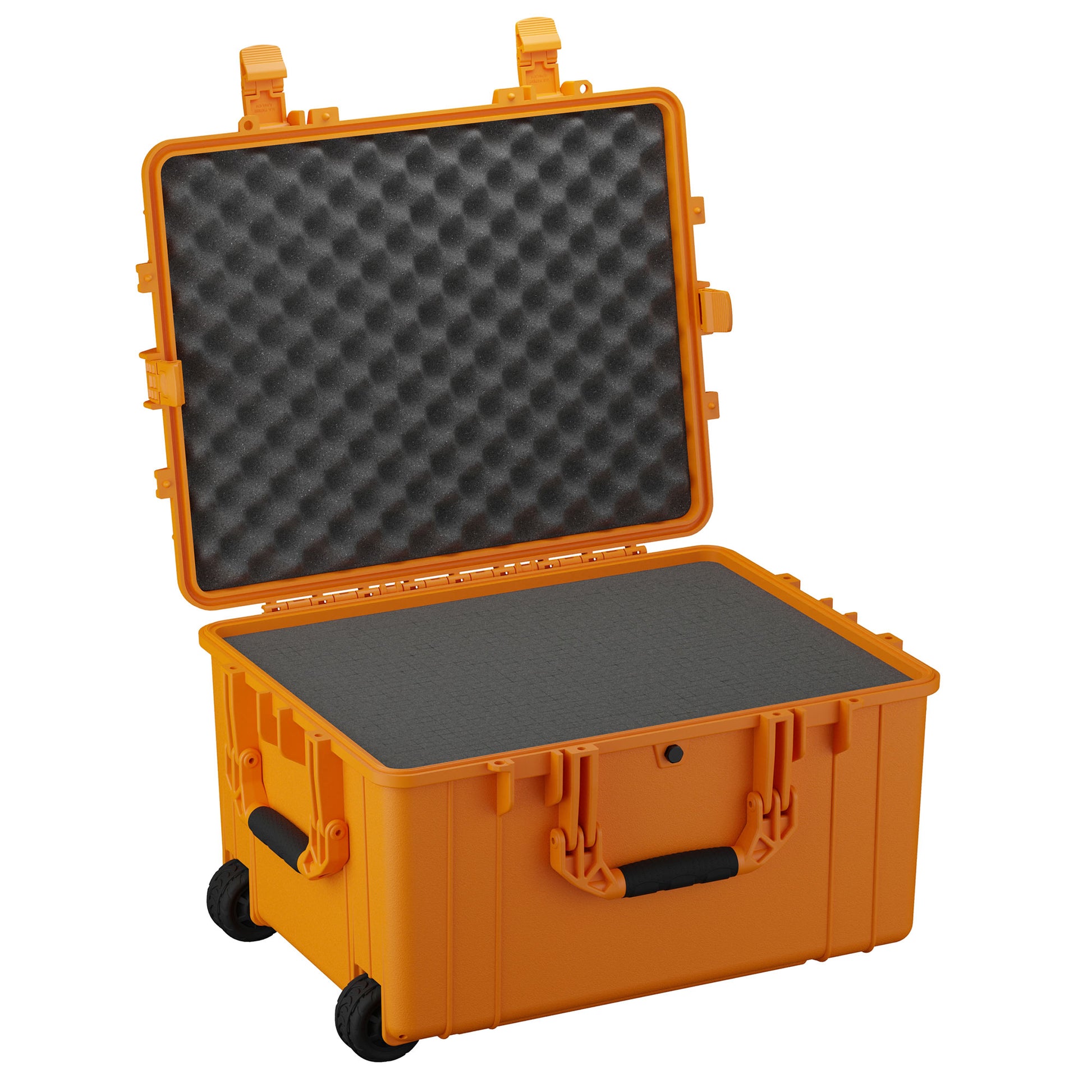 Alt text: "Open large orange protective case with foam interior, model #286, featuring rugged handles and built-in wheels for easy mobility."