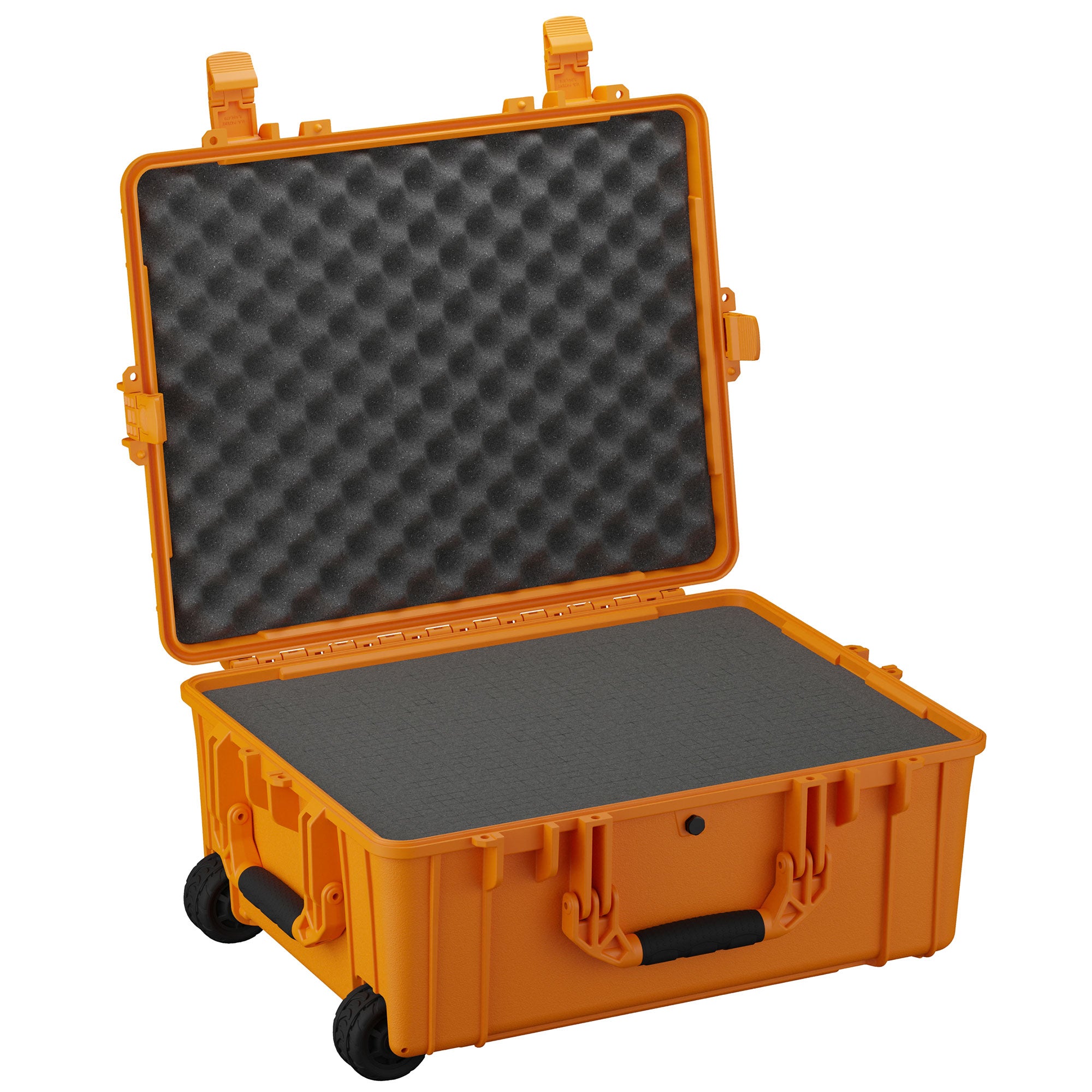 Alt text: "Open 25-inch large orange hard case with wheels, featuring foam lining on both the case and lid, dual latches and a sturdy handle, model #287."