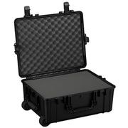 Alt text: "Large black hard protective case with wheels and handles, open to display convoluted foam interior, measuring 25 inches, Case #287."