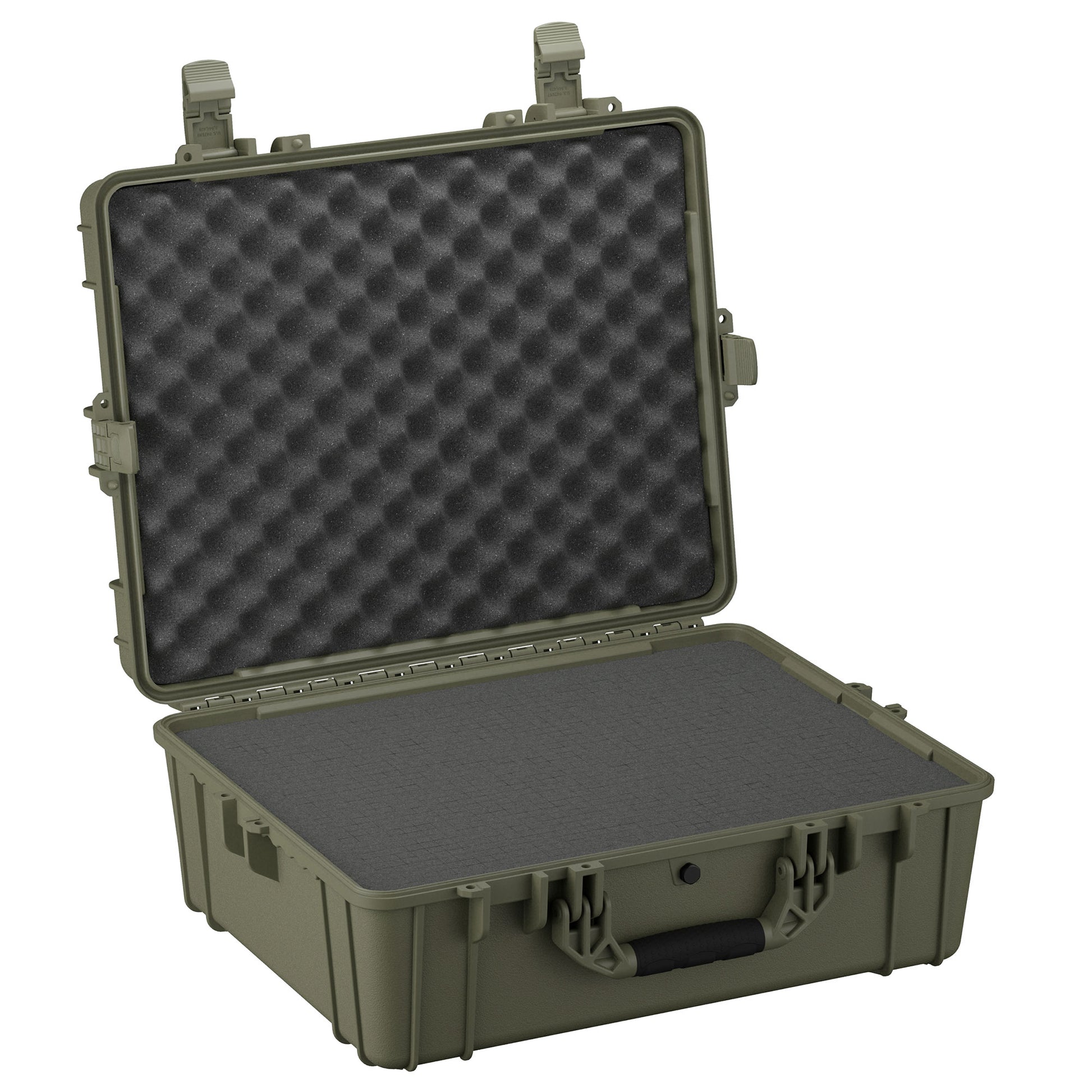 Alt text: "Olive green hardshell protective case, model 25" Large Case #289, open to show foam interior, featuring sturdy latches and a reinforced handle."