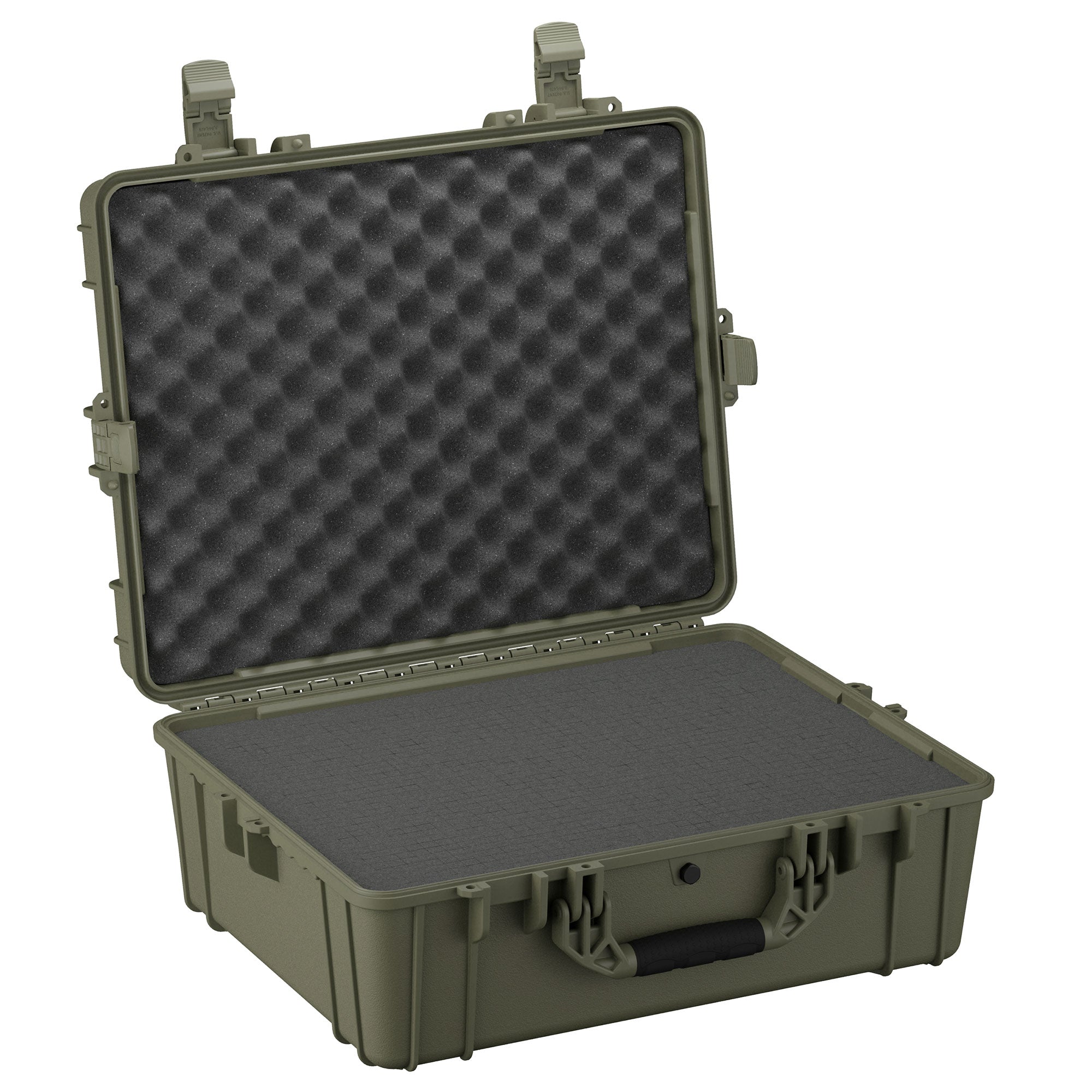 Alt text: "Olive green hardshell protective case, model 25" Large Case #289, open to show foam interior, featuring sturdy latches and a reinforced handle."
