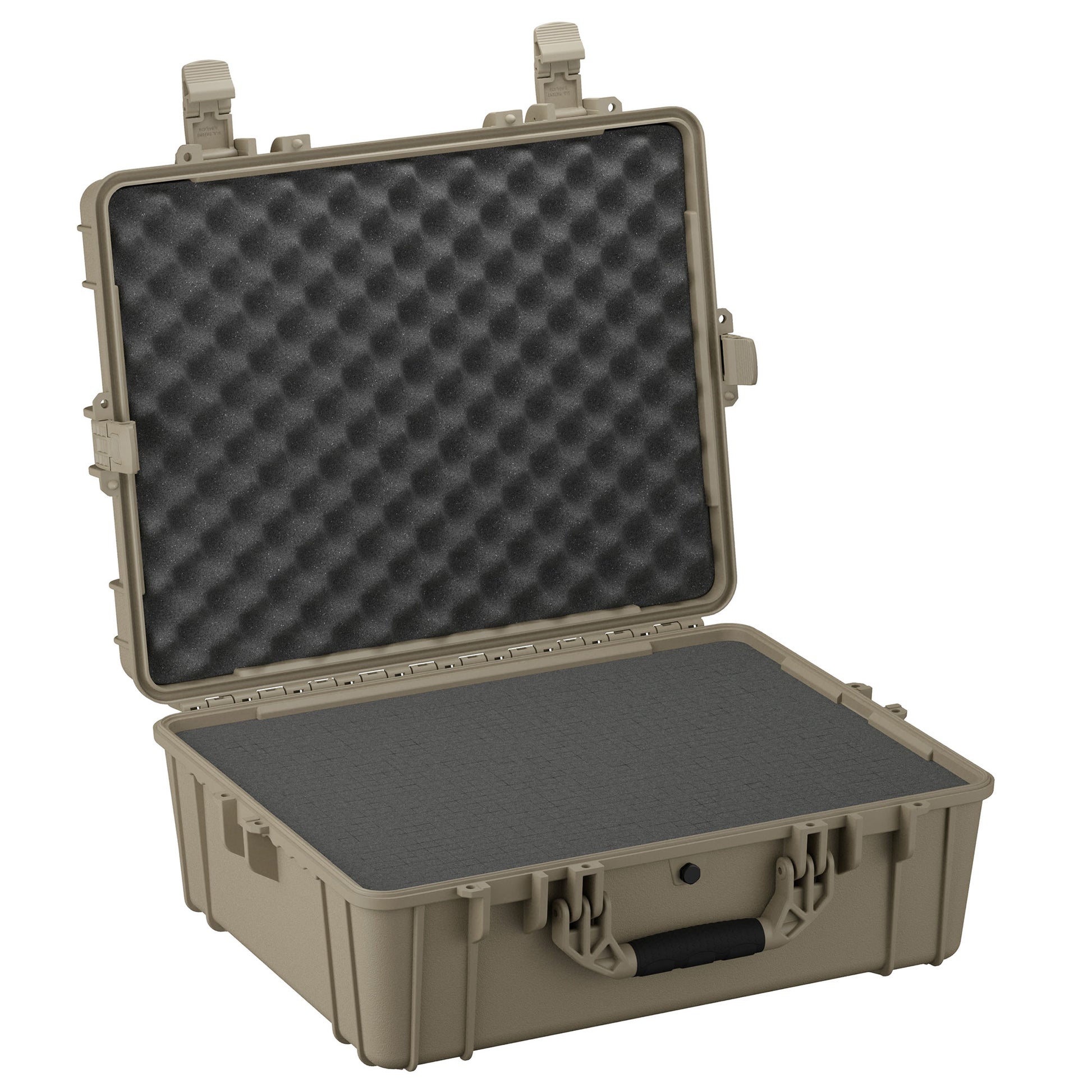 Alt text: "A large, sturdy olive green protective case, model #289, measuring 25 inches, opened to display its foam-lined interior. The case features reinforced corners, secure latches, and a robust handle for easy carrying."