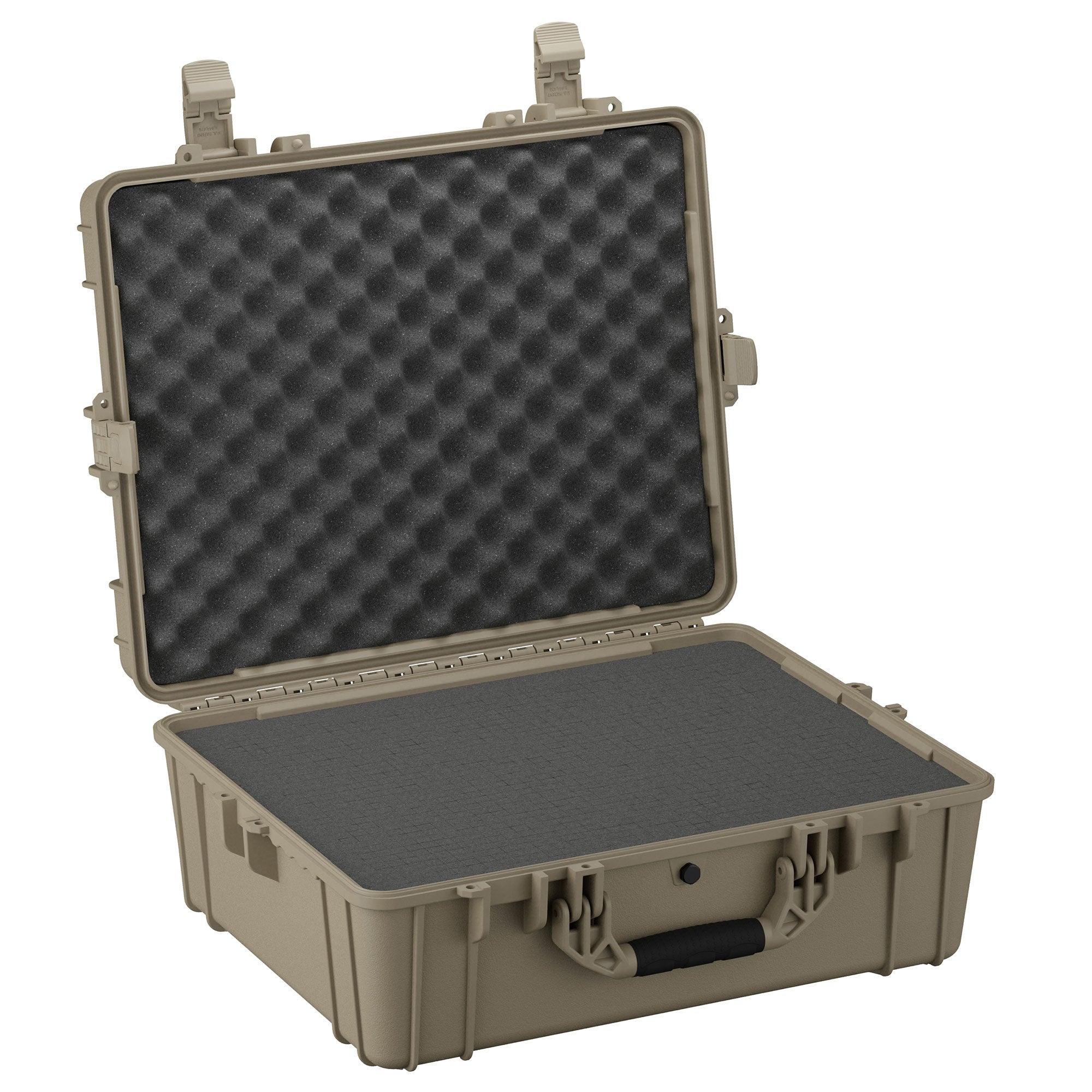 Alt text: "A large, sturdy olive green protective case, model #289, measuring 25 inches, opened to display its foam-lined interior. The case features reinforced corners, secure latches, and a robust handle for easy carrying."