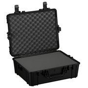 A 25-inch large black protective hard case with open lid, showcasing customizable foam inserts inside, designed for secure storage and transport of delicate equipment.