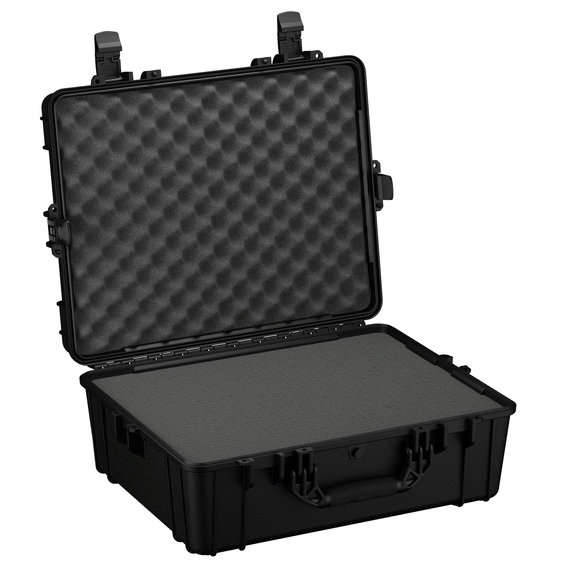 A 25-inch large black protective hard case with open lid, showcasing customizable foam inserts inside, designed for secure storage and transport of delicate equipment.