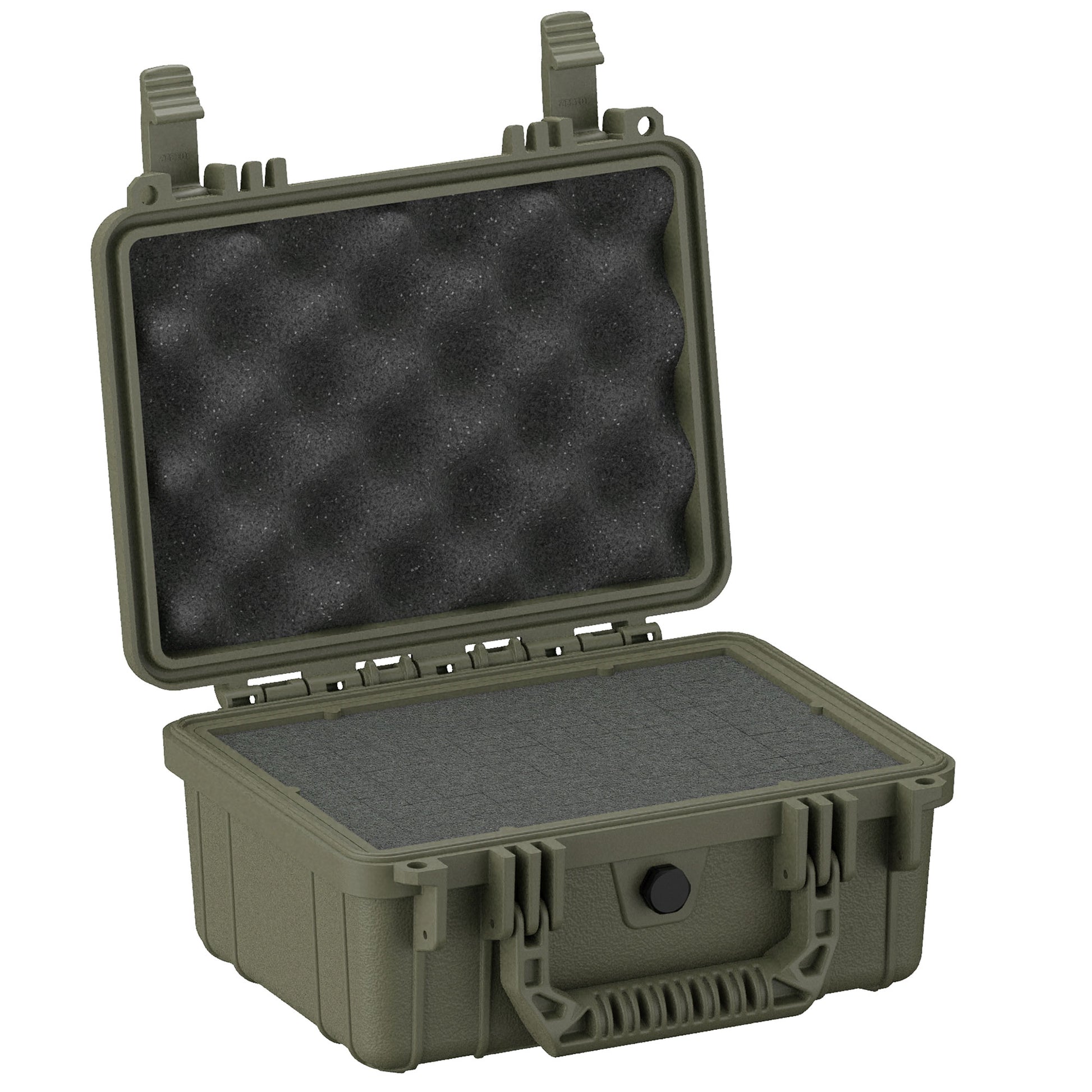 Alt text: Open rugged small protective case, 10 inches, model #312 in olive green with foam inserts on both base and lid, designed for secure storage and transportation of sensitive items.