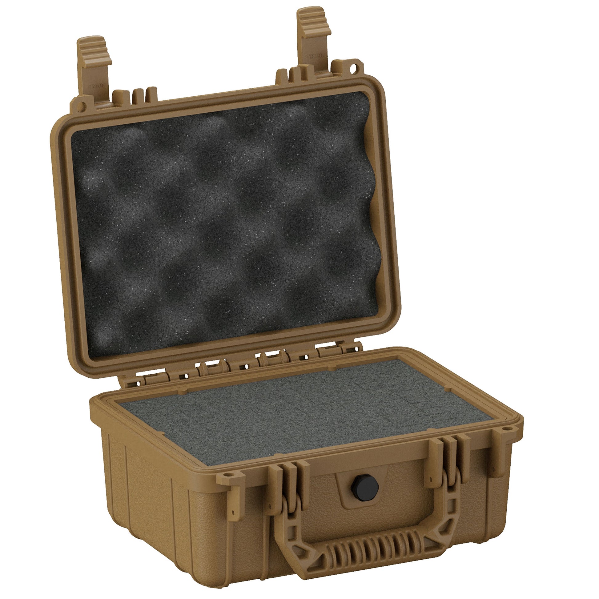 Alt text: "A rugged, tan 10-inch protective case, model #312, with dual latches and a black knob for secure closure. The case is open, displaying a foam-lined lid and a padded interior base for cushioning and protection