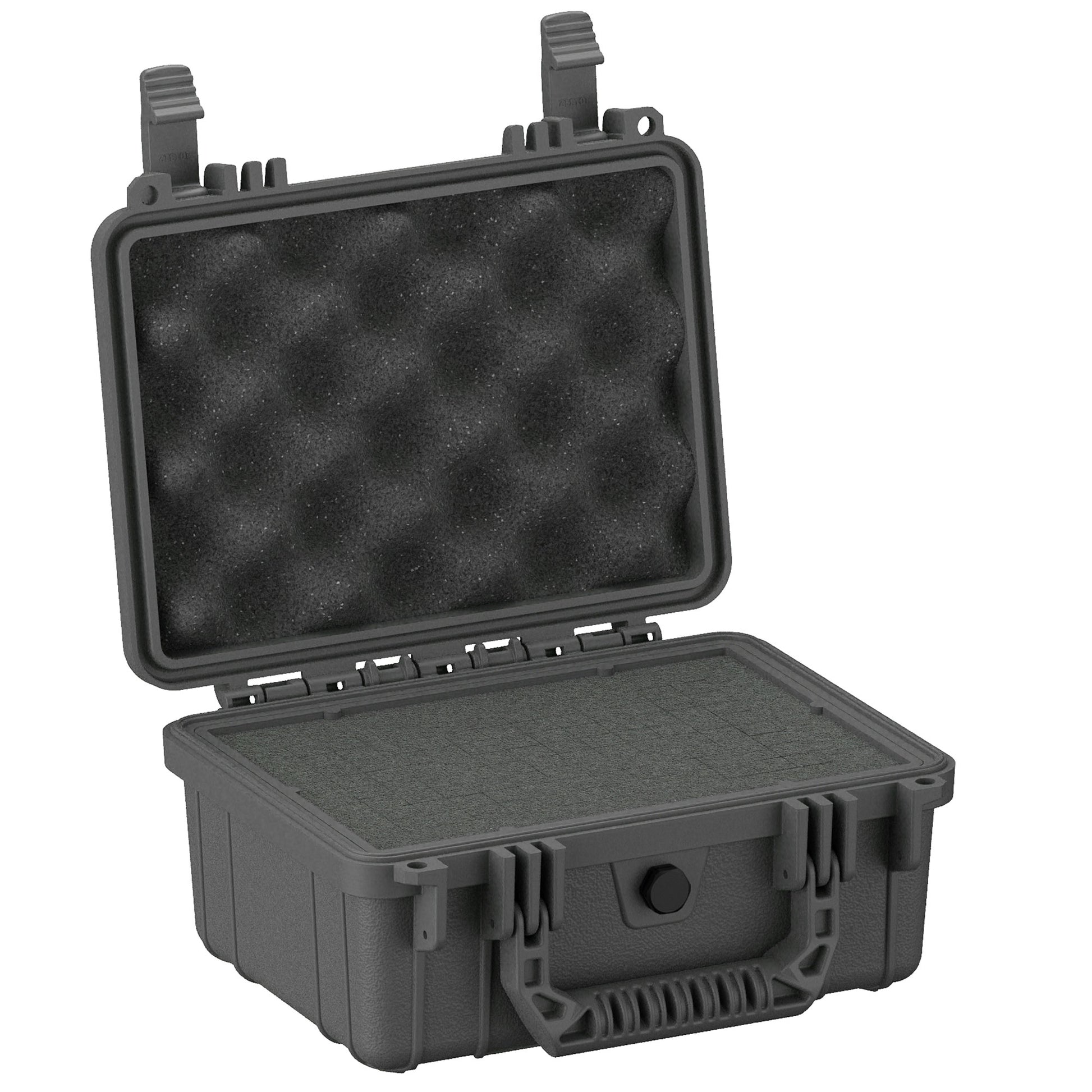 Alt text: "Durable 10-inch rugged protective case, model number 312, shown open with gray foam inserts in both upper and lower sections for cushioning, featuring robust black plastic exterior and secure latch closure."