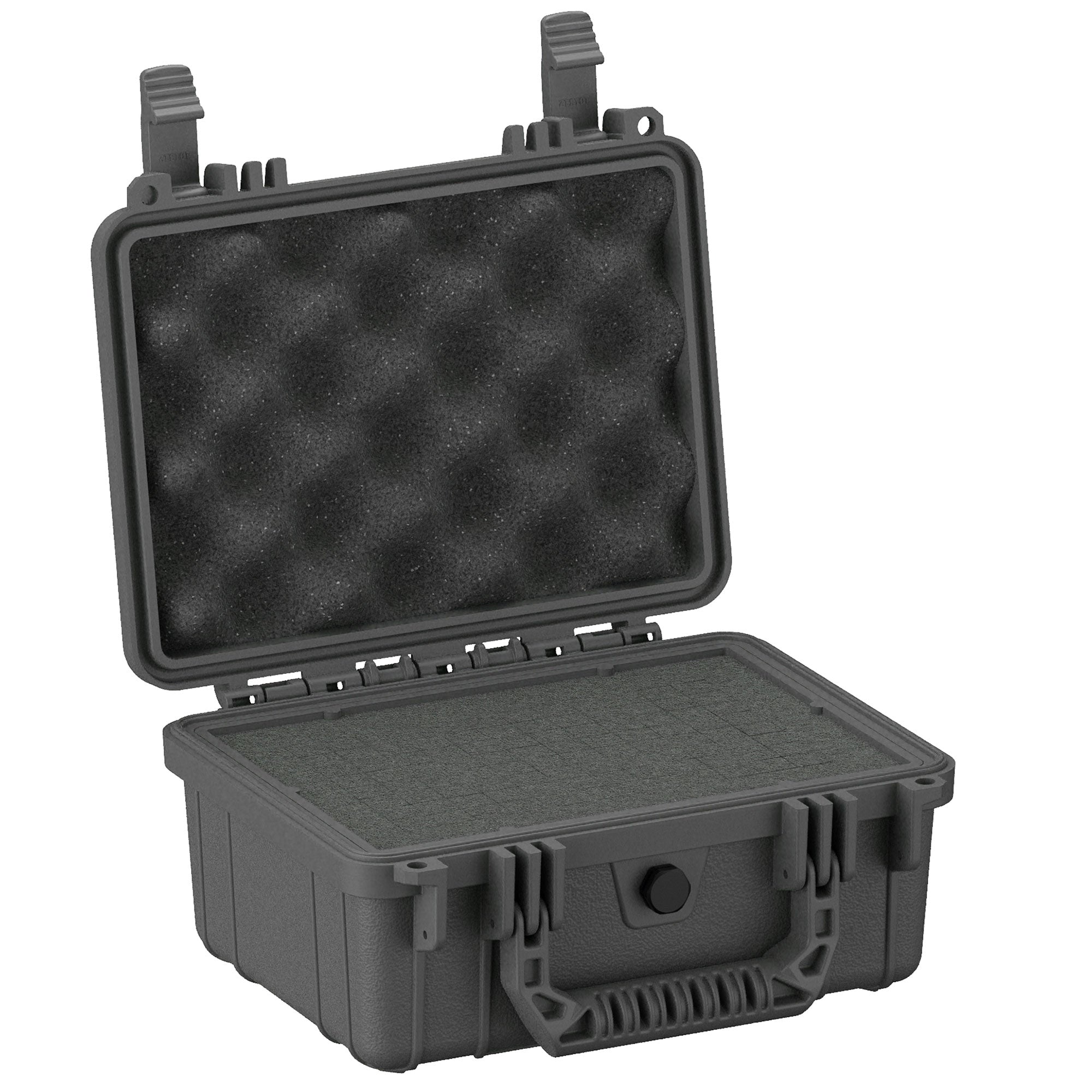 Alt text: "Durable 10-inch rugged protective case, model number 312, shown open with gray foam inserts in both upper and lower sections for cushioning, featuring robust black plastic exterior and secure latch closure."