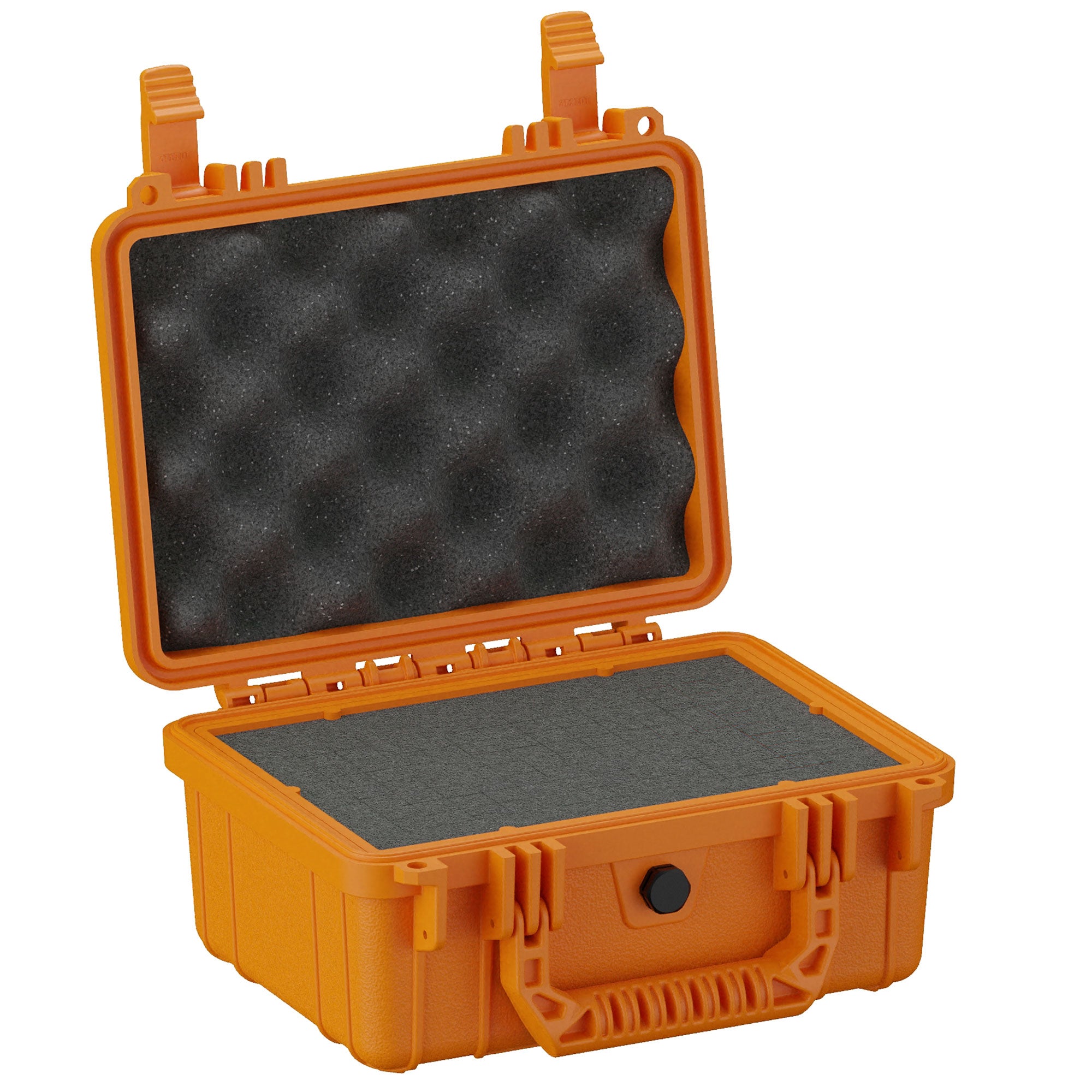 Alt text: "Open 10-inch small orange protective case (#312) with dual foam interior, featuring convoluted foam in the lid and a flat foam base, designed for secure storage and transportation of fragile items."