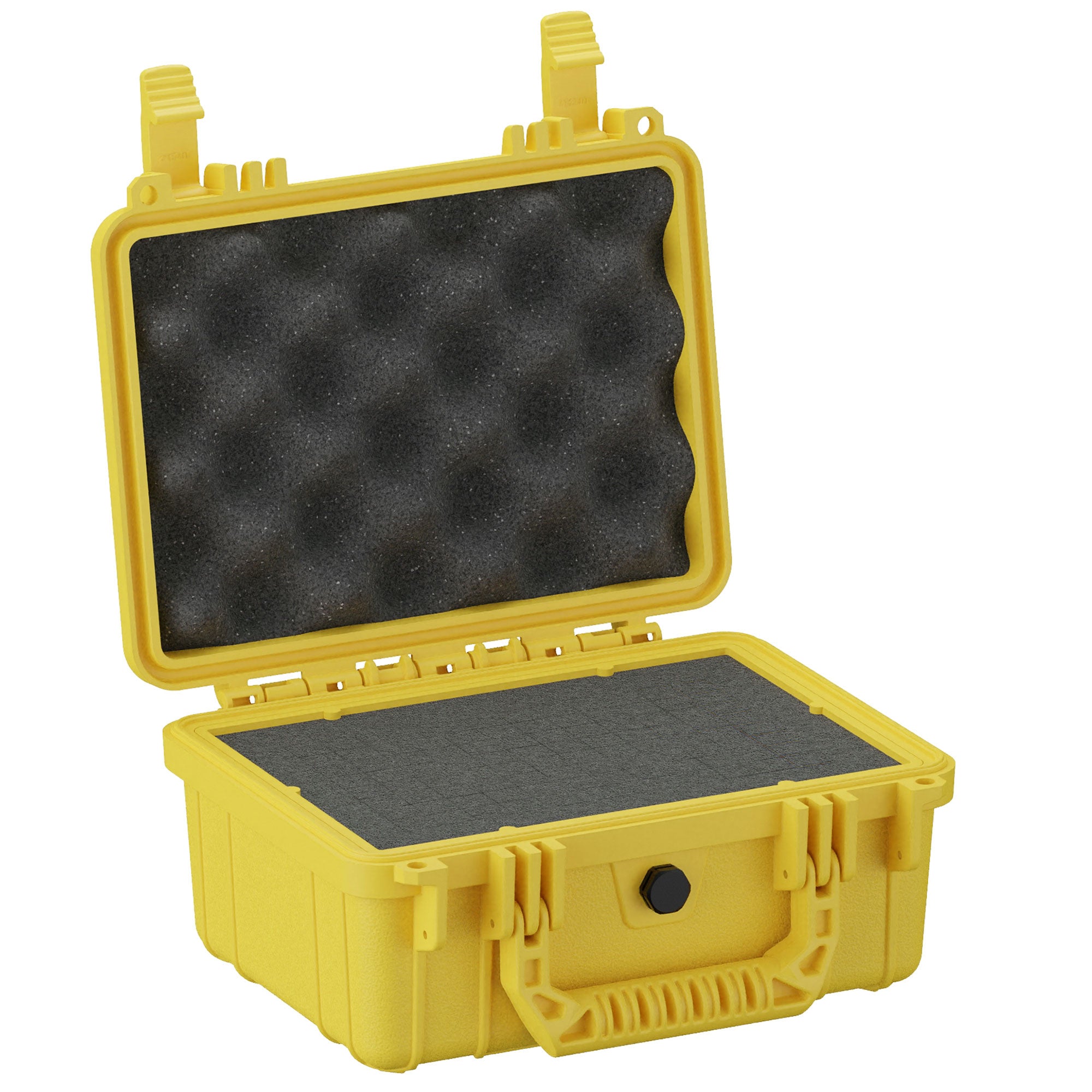 Yellow 10-inch protective small case with foam interior, open lid displaying egg crate foam padding, durable exterior, and robust handle.