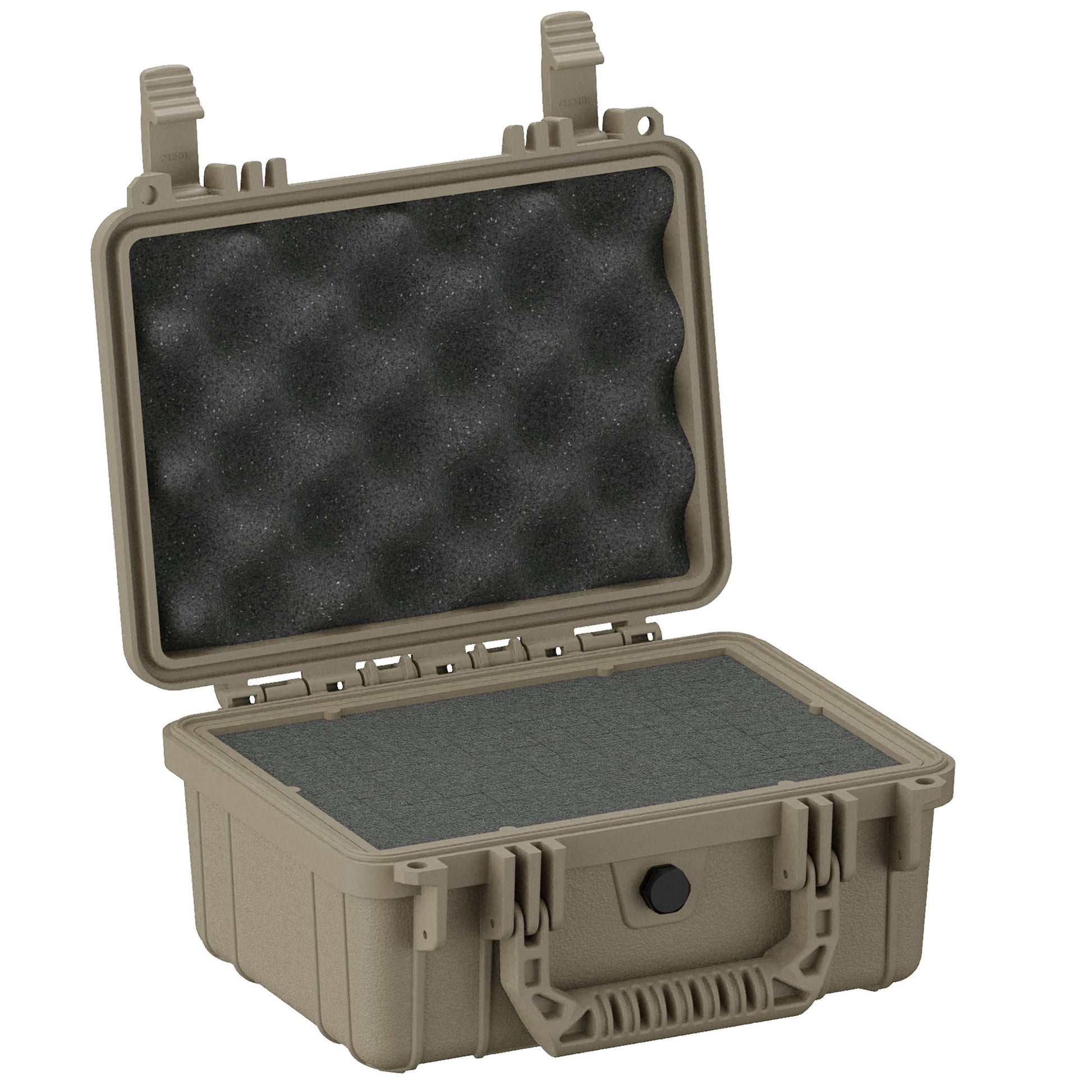Alt text: "10-inch rugged small protective case, model #312, in olive green color with open lid showing egg-crate foam interior in the top and flat foam padding in the bottom compartment."