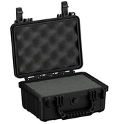Alt text: "Robust black hard shell protective case, 10 inches, model #312, shown open with customizable foam interior and durable exterior latches."
