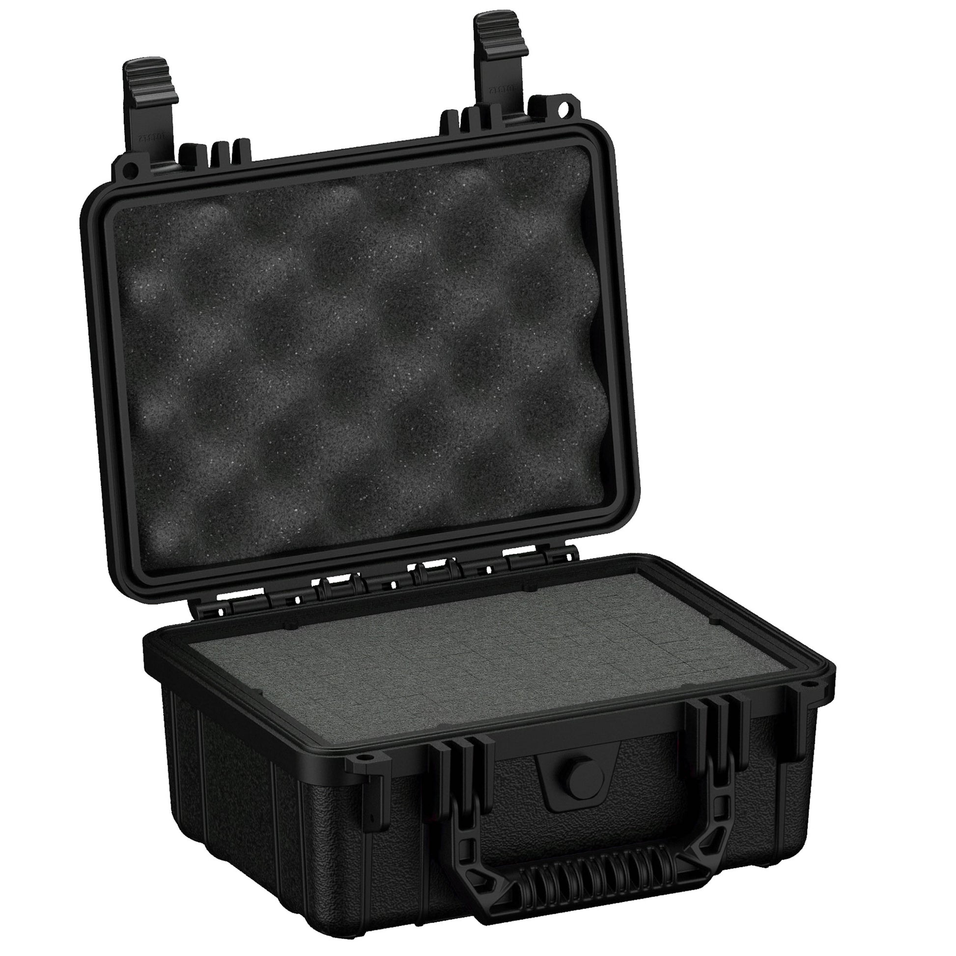 Alt text: "Robust black hard shell protective case, 10 inches, model #312, shown open with customizable foam interior and durable exterior latches."