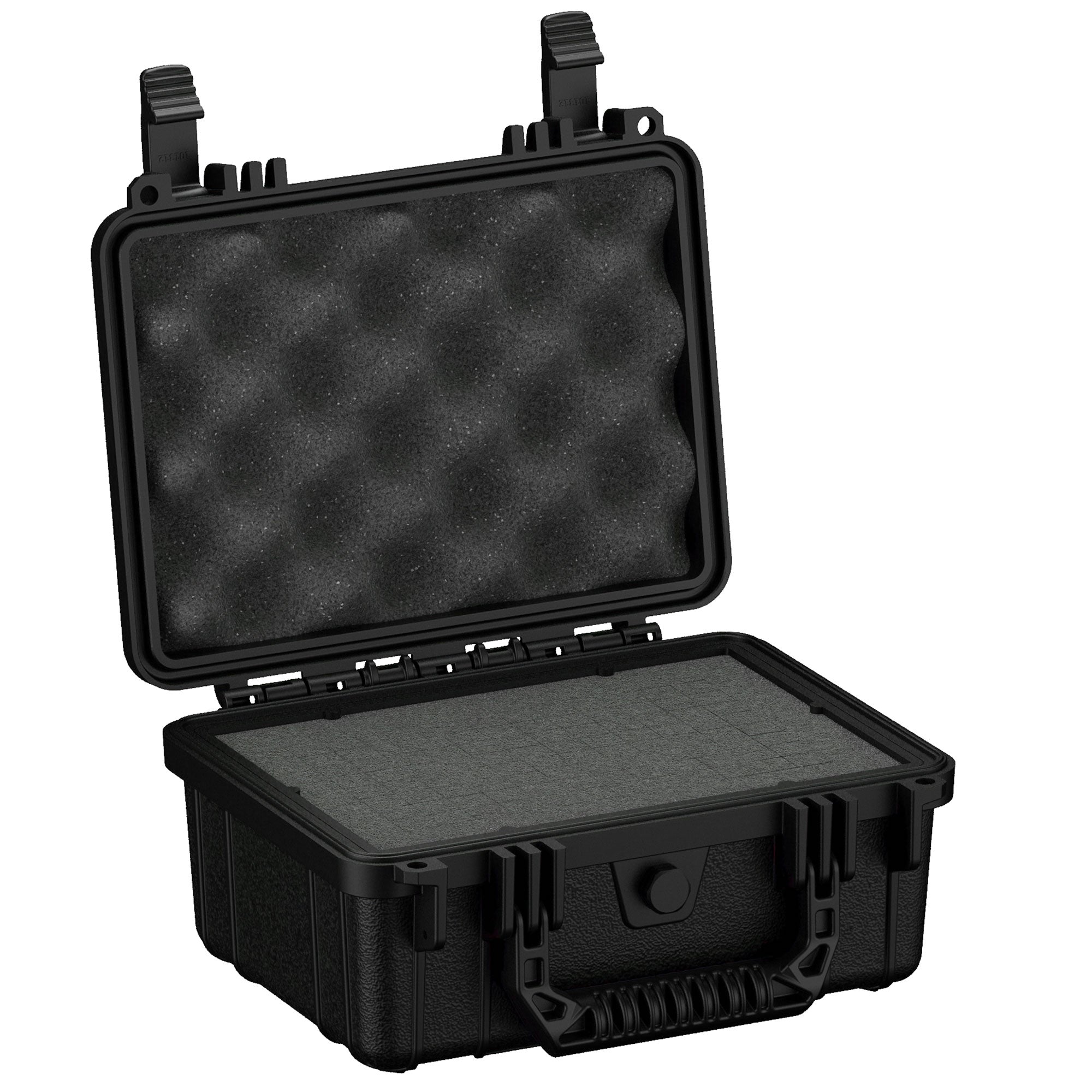 Alt text: "Robust black hard shell protective case, 10 inches, model #312, shown open with customizable foam interior and durable exterior latches."
