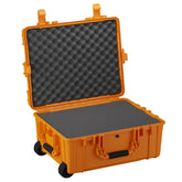 Alt text: "Orange 25-inch hardshell protective case with foam interior, open and displayed on wheels, featuring sturdy latches and a padded handle for transportation, ideal for sensitive equipment storage."