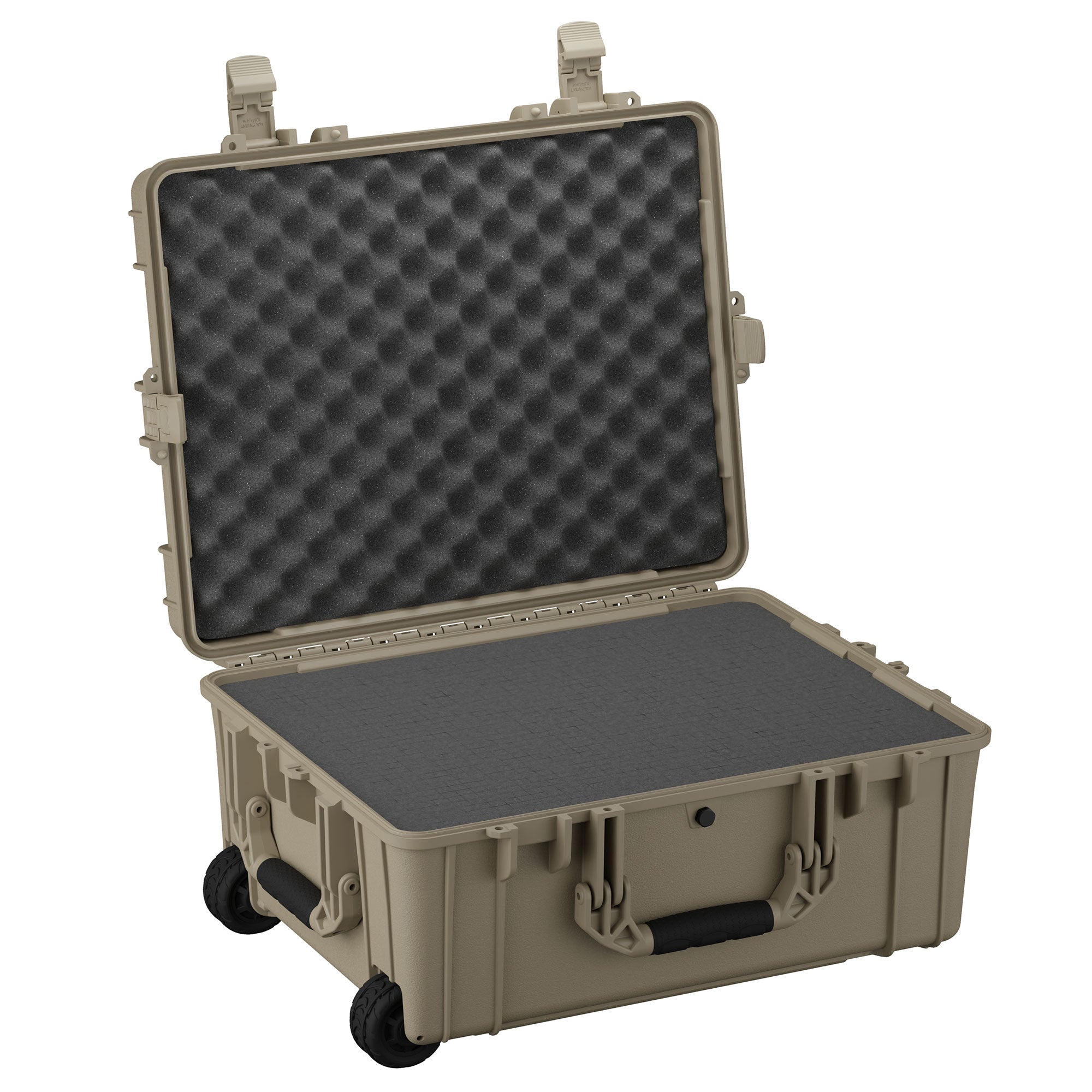 Alt text: "25-inch large protective case, model #991, open to show foam padding, in tan color with sturdy latches and wheels for mobility."