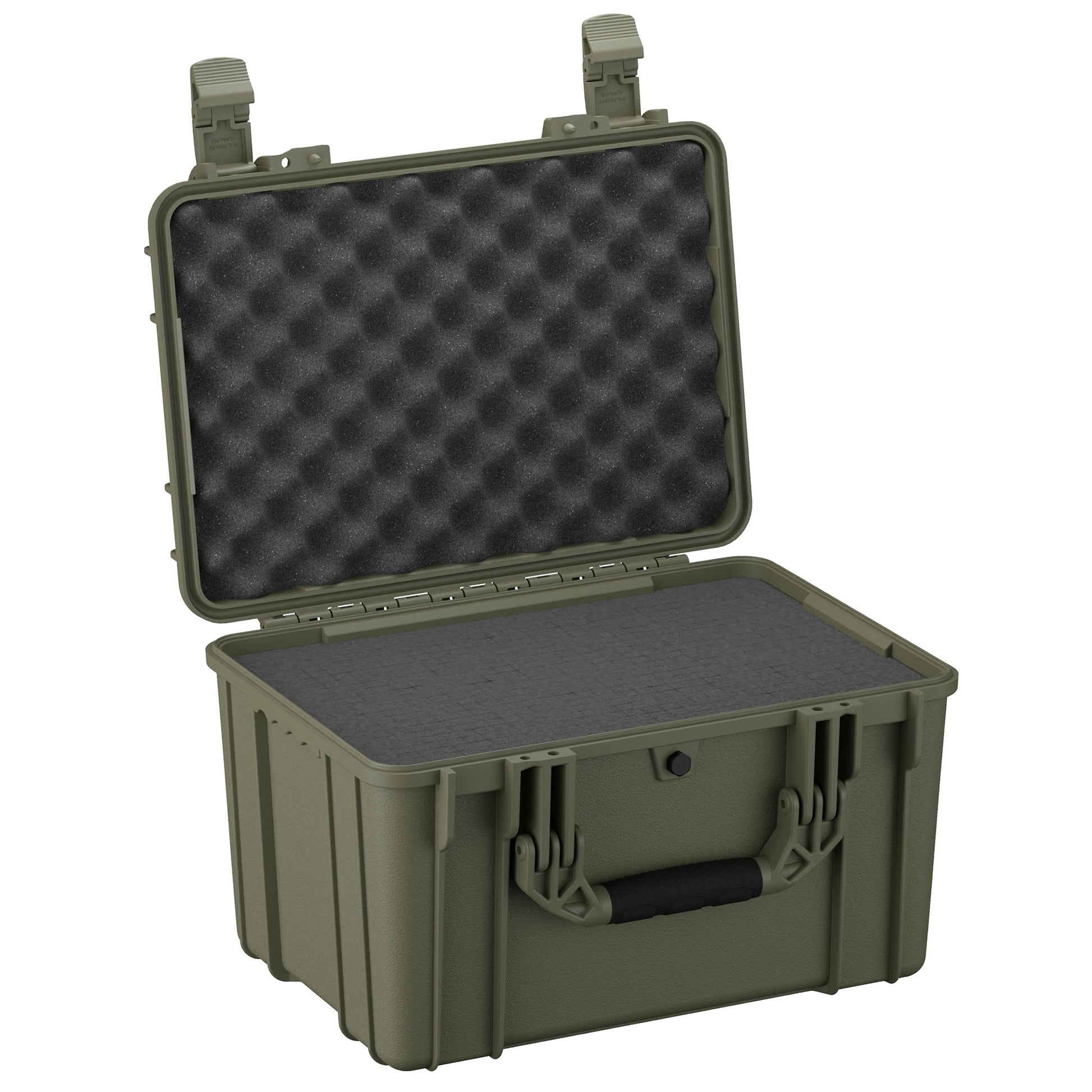 Alt text: "Olive green medium-sized rugged case, 18 inches, model #997, open displaying its egg-crate foam interior in the lid and flat foam in the base, designed for secure storage and transportation of equipment."