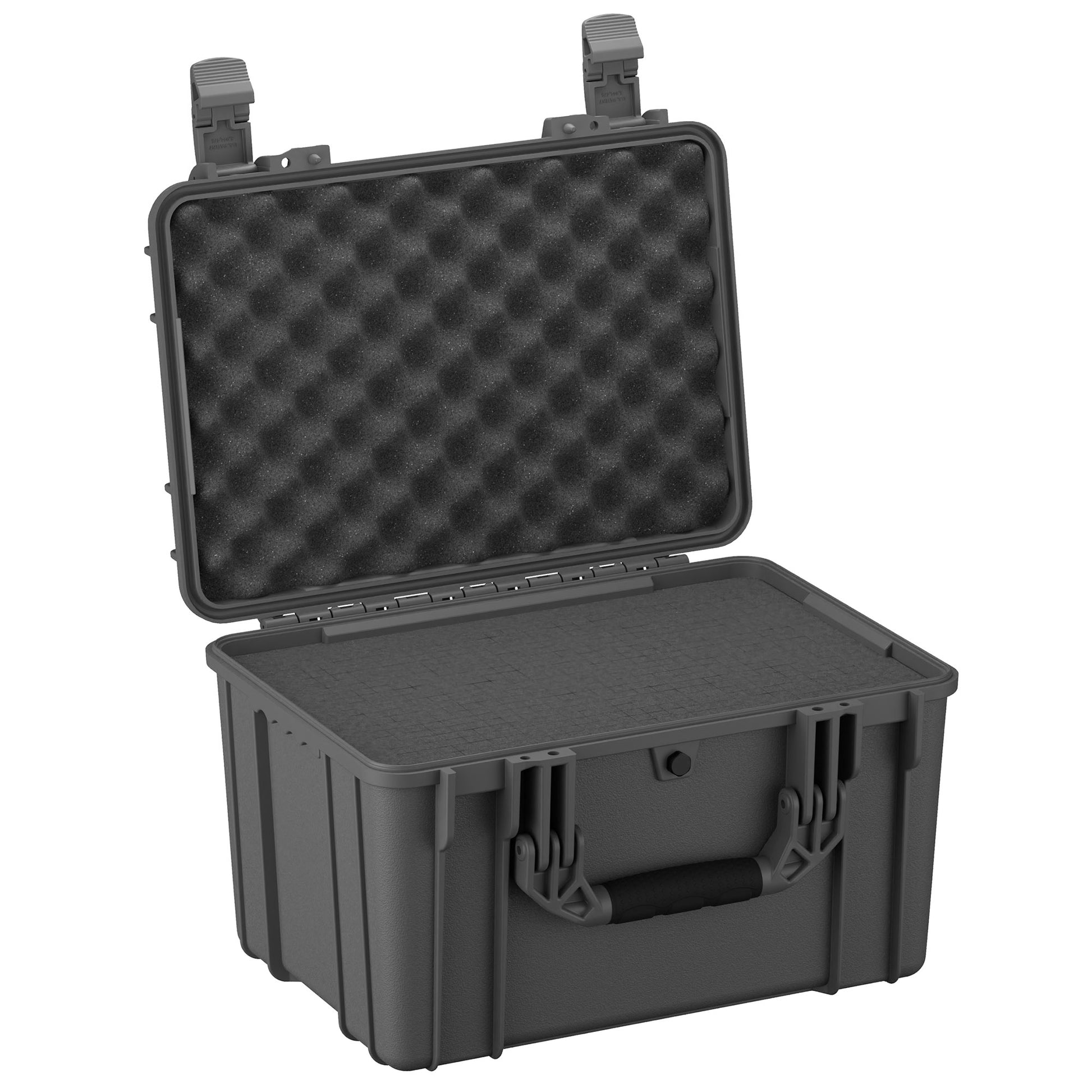 Alt text: "18-inch medium-sized, rugged protective case #997 shown open, featuring sturdy latches and padded foam interior for secure storage of delicate items."