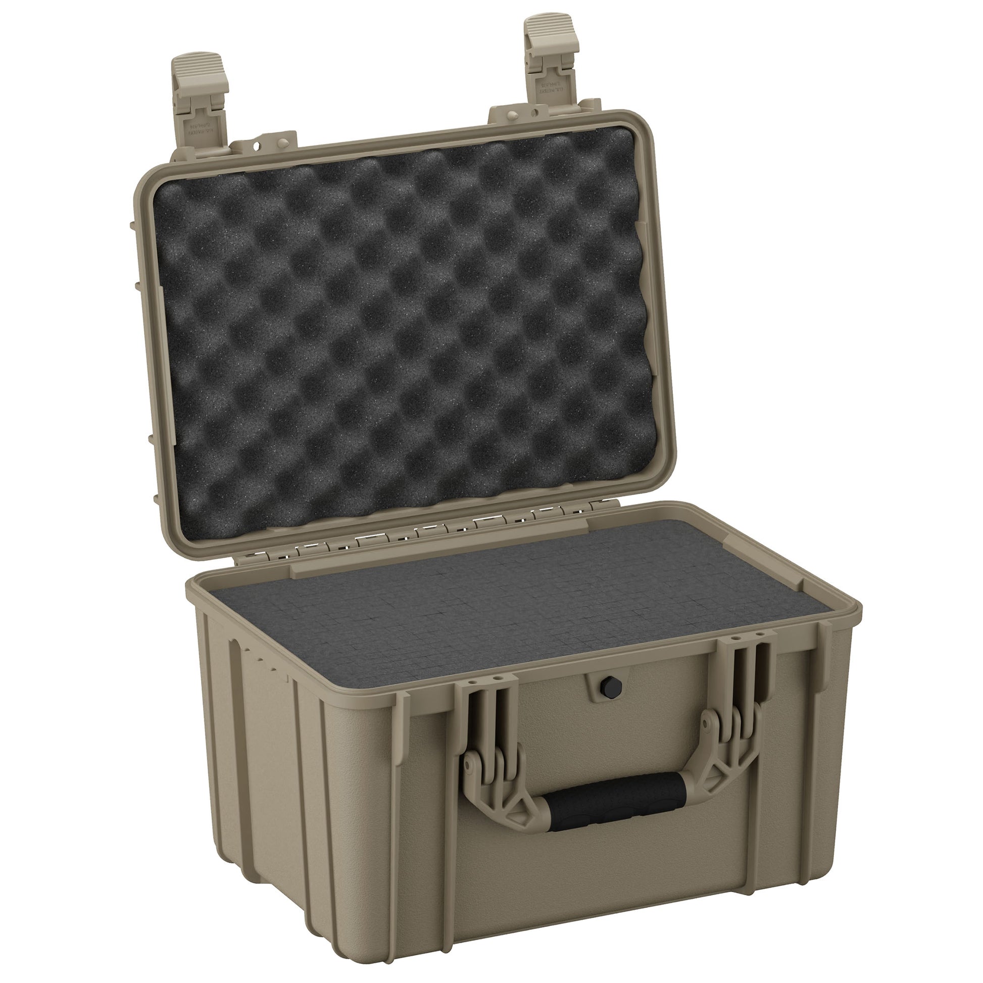 Alt text: "Open 18-inch medium-sized rugged case, model #997, in desert tan color, featuring sturdy dual latches and foam-lined interior for protection, displayed on a white background."