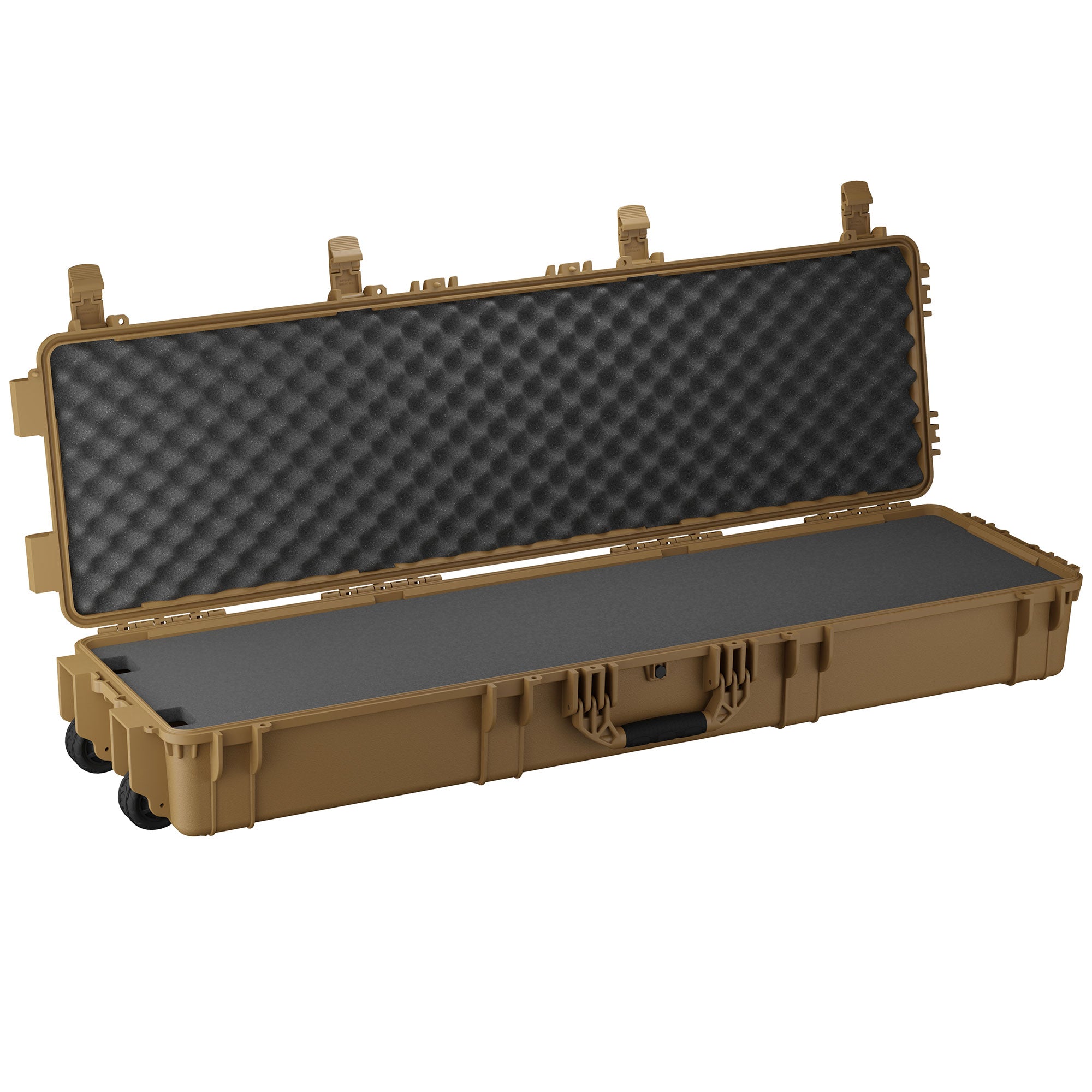 Open tan hard case with foam padding, designed for a 55-inch long item, model #2106, with secure latches and wheels.