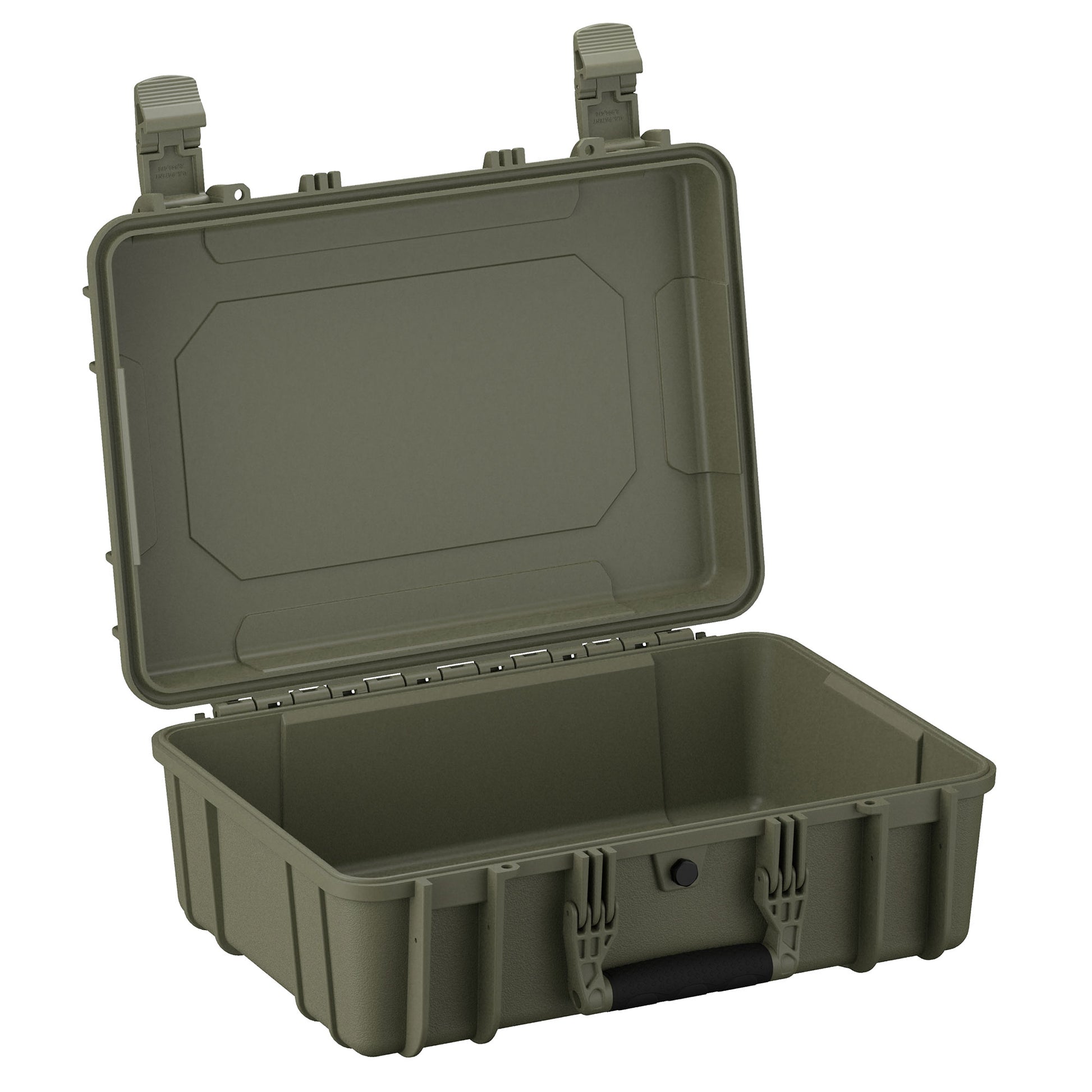 Alt text: "18-inch medium-sized rugged green case, model #801, open to display its empty interior with robust latches and reinforced corners for enhanced durability."