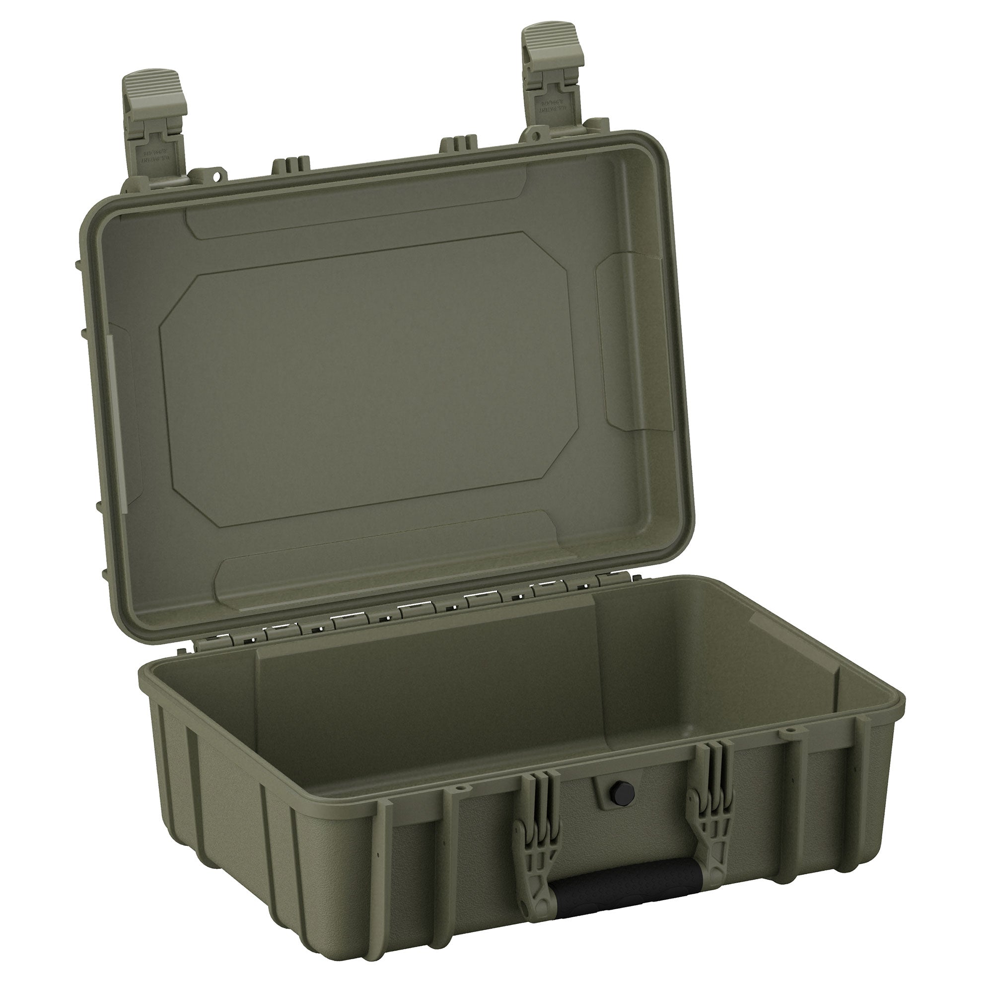 Alt text: "18-inch medium-sized rugged green case, model #801, open to display its empty interior with robust latches and reinforced corners for enhanced durability."