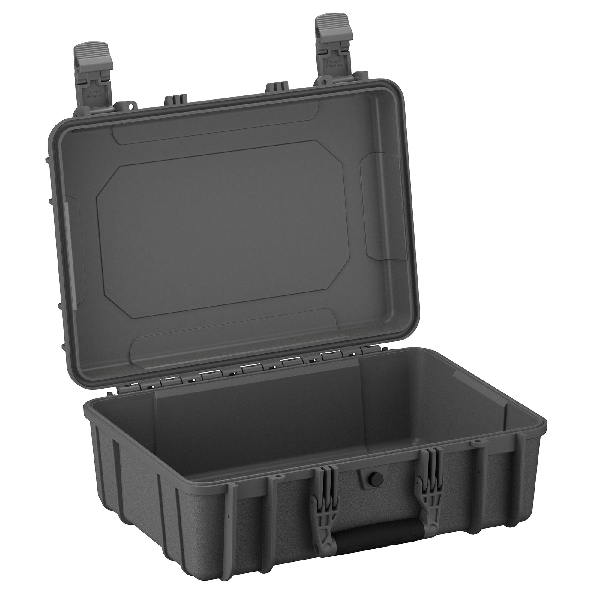 Alt text: "18-inch medium-sized rugged protective case, model #801, in dark gray color with dual locking latches, durable hinges, open displaying deep compartment for storage."