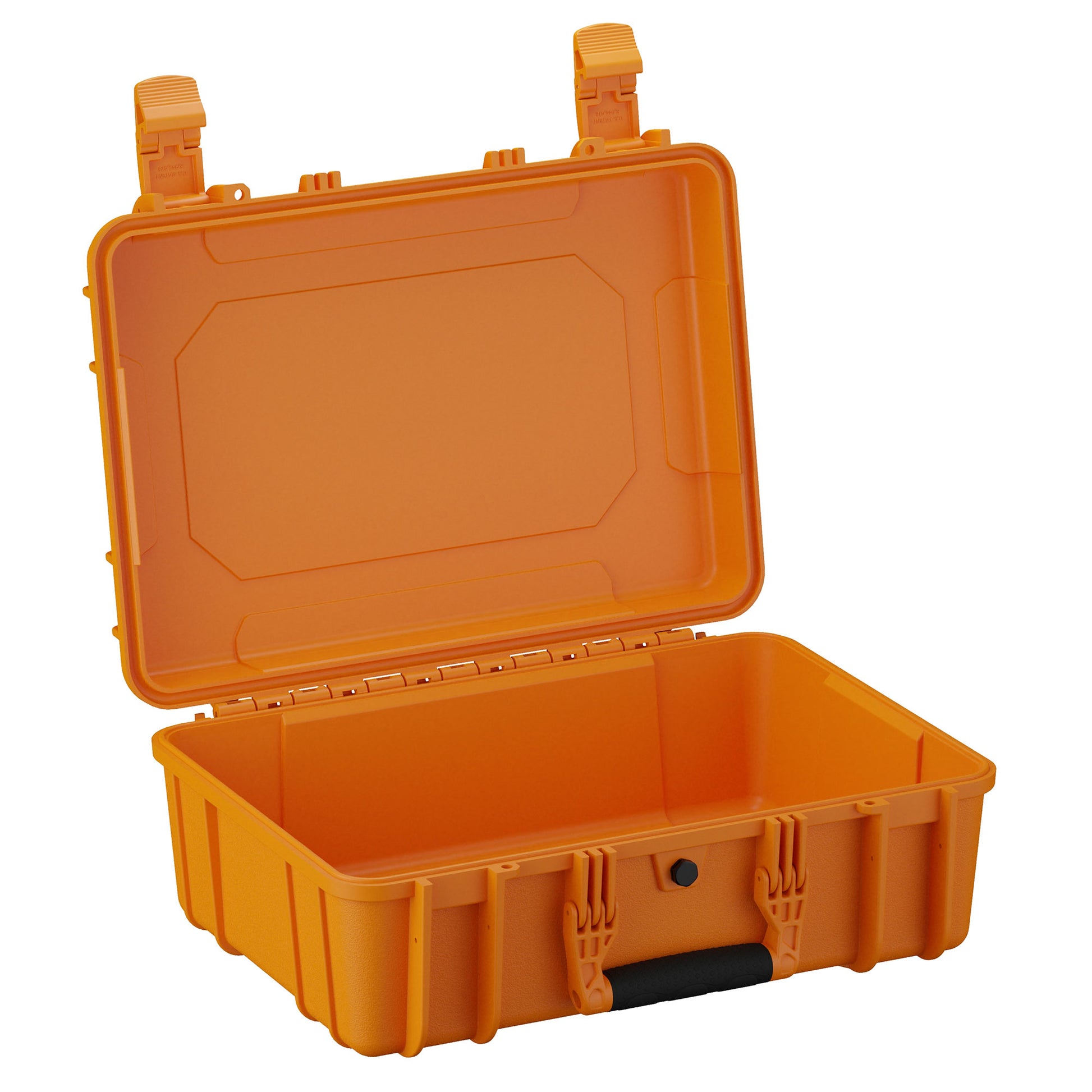 Alt text: Orange 18-inch medium-sized protective hard case, model #801, with open lid revealing a spacious interior and durable exterior clasps.