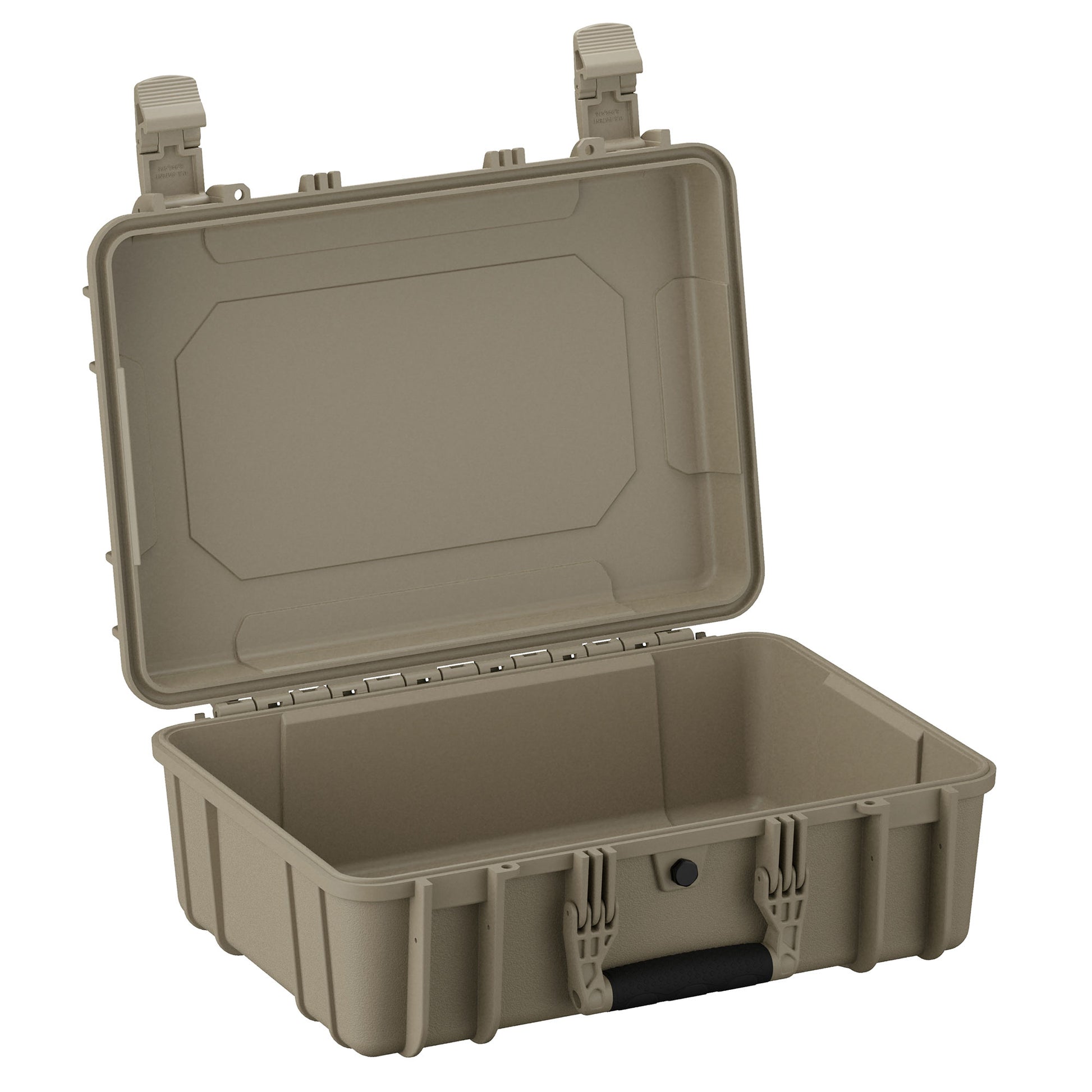 Military green 18-inch rugged waterproof case open to display its empty interior and durable latches, model #801.