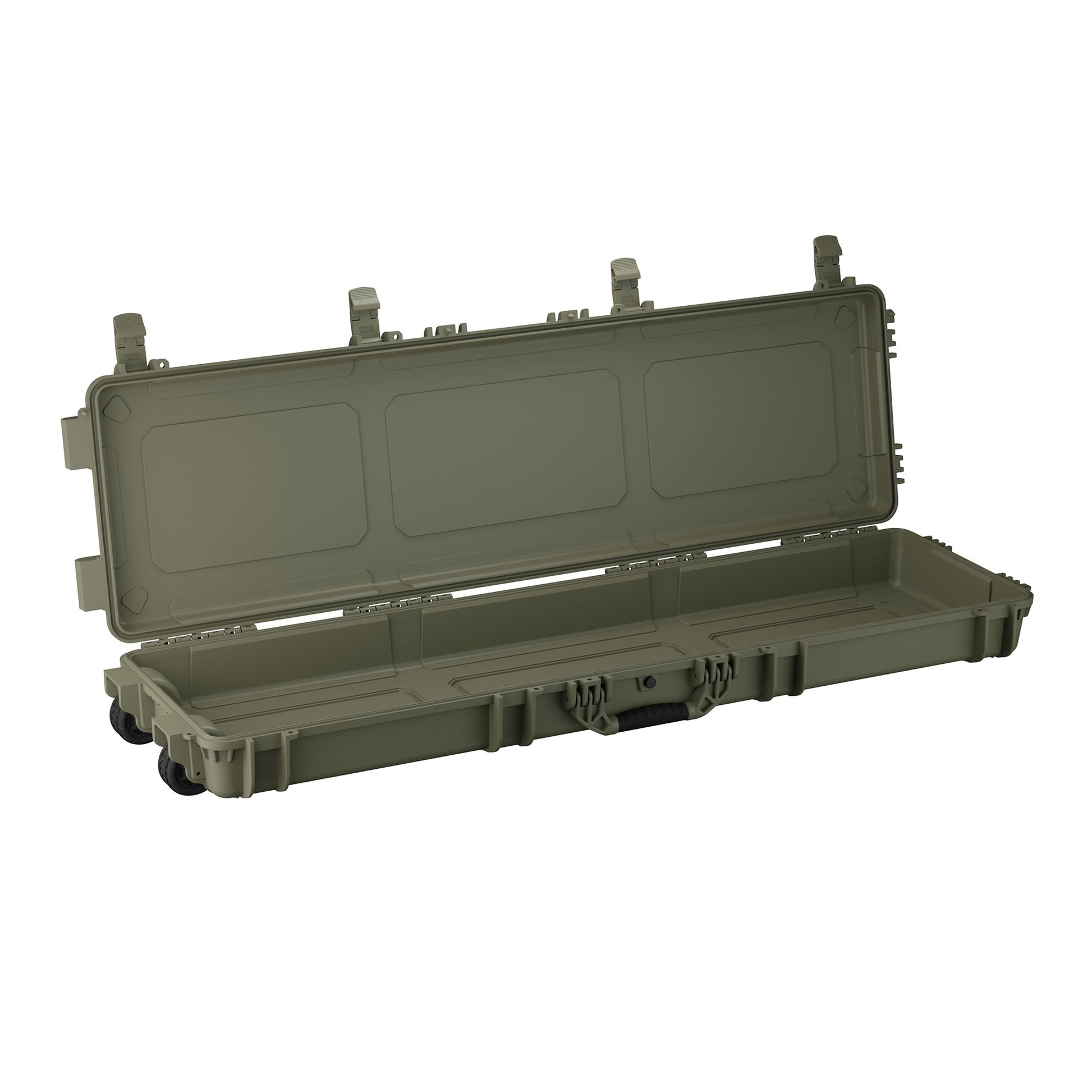 Olive green, 55-inch long hard protective case with a secure latch, wheels, and foam interior for equipment storage.