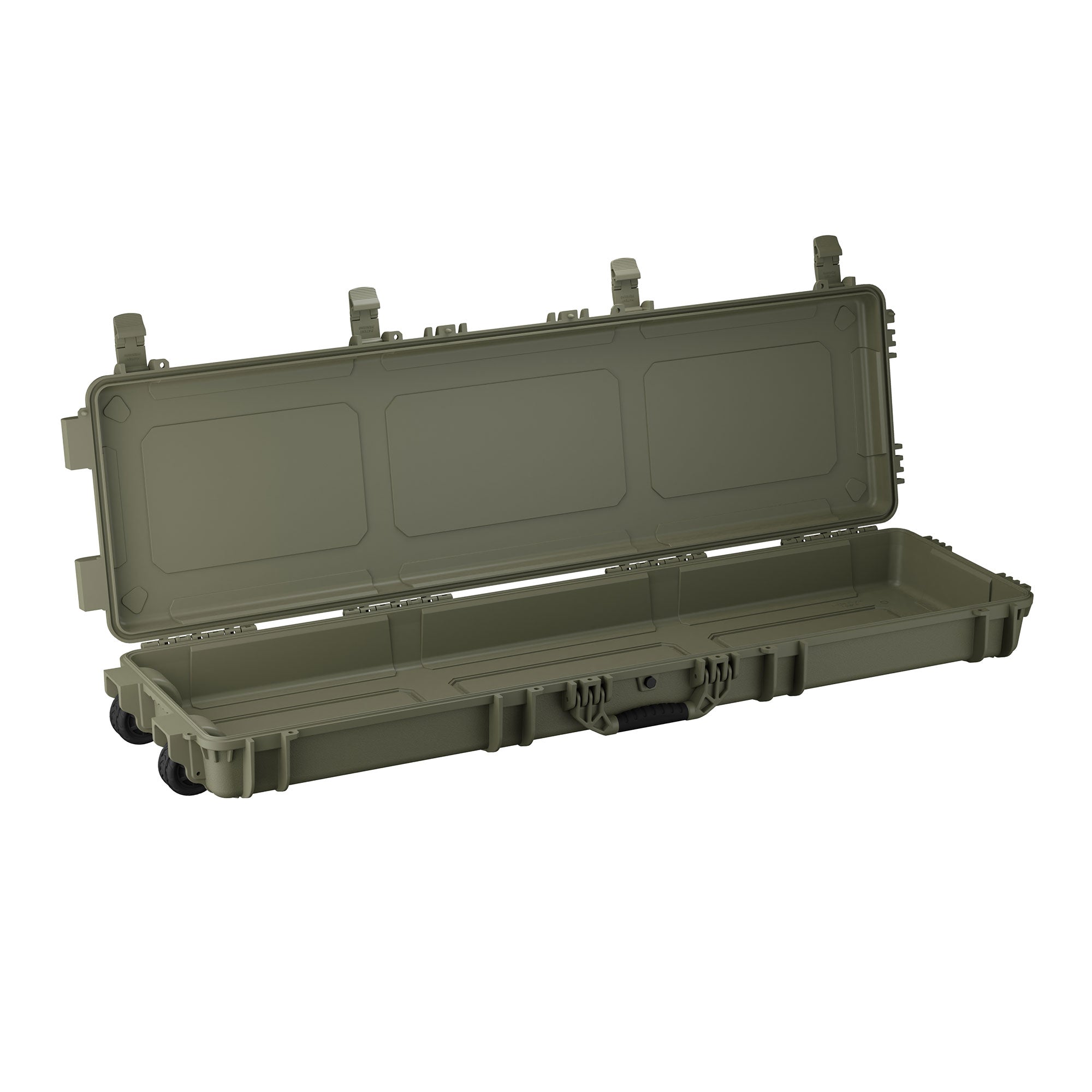 Olive green, 55-inch long hard protective case with a secure latch, wheels, and foam interior for equipment storage.