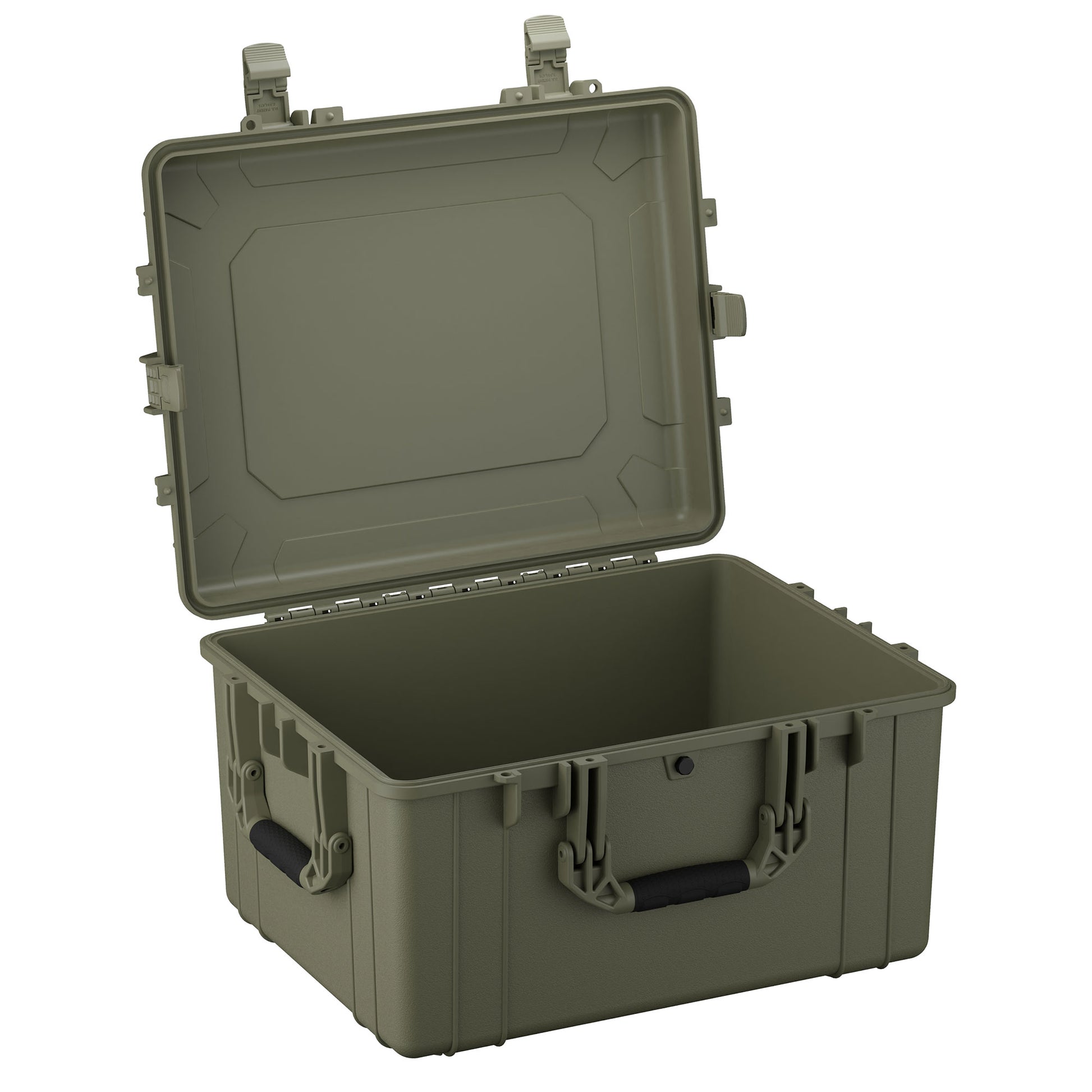Alt text: A 25-inch large olive green protective case (Case #024) with a robust design, featuring heavy-duty latches and a sturdy handle, displayed open to show the spacious interior.