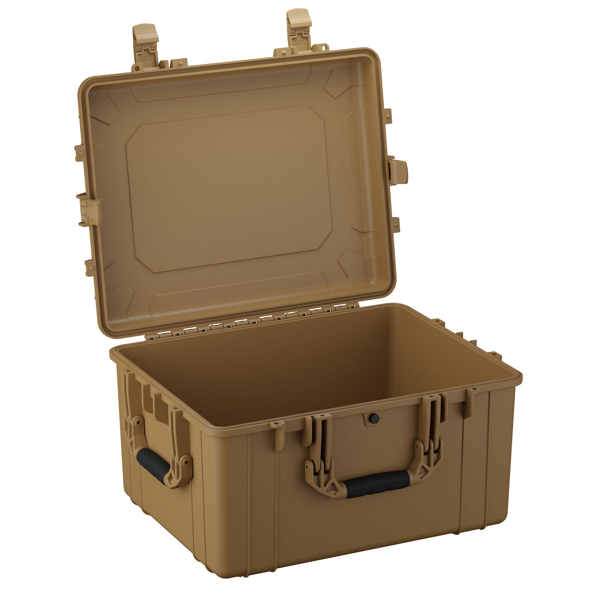 Alt text: Large 25-inch tan protective case with open lid, featuring durable handles and secure latch closures, suitable for storing and transporting sensitive equipment.
