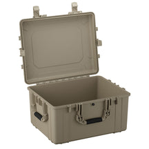 Alt text: Large 25-inch protective case in light gray, shown open with dual sturdy latches and reinforced corners, ideal for secure storage and transportation of sensitive equipment.