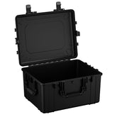 Alt text: Large 25-inch black protective hard case with open lid, featuring durable handles and secure latch closures, suitable for equipment storage and transport.