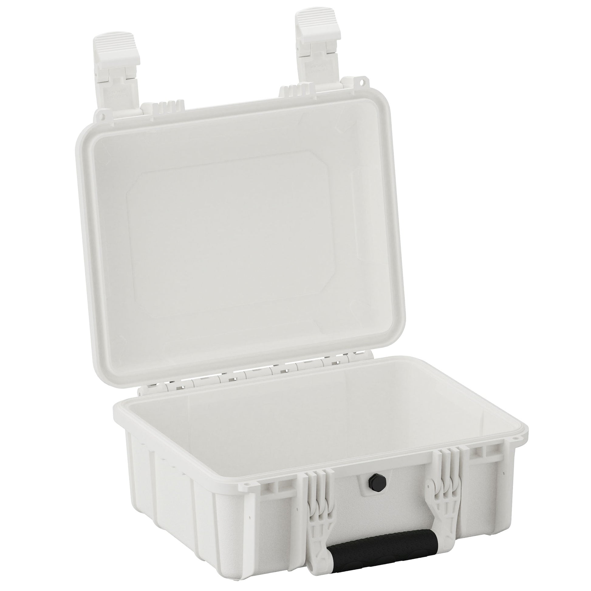 A 14-inch medium-sized rugged white protective case with the lid open, featuring dual sturdy latches and a black handle, suitable for safely transporting sensitive equipment.