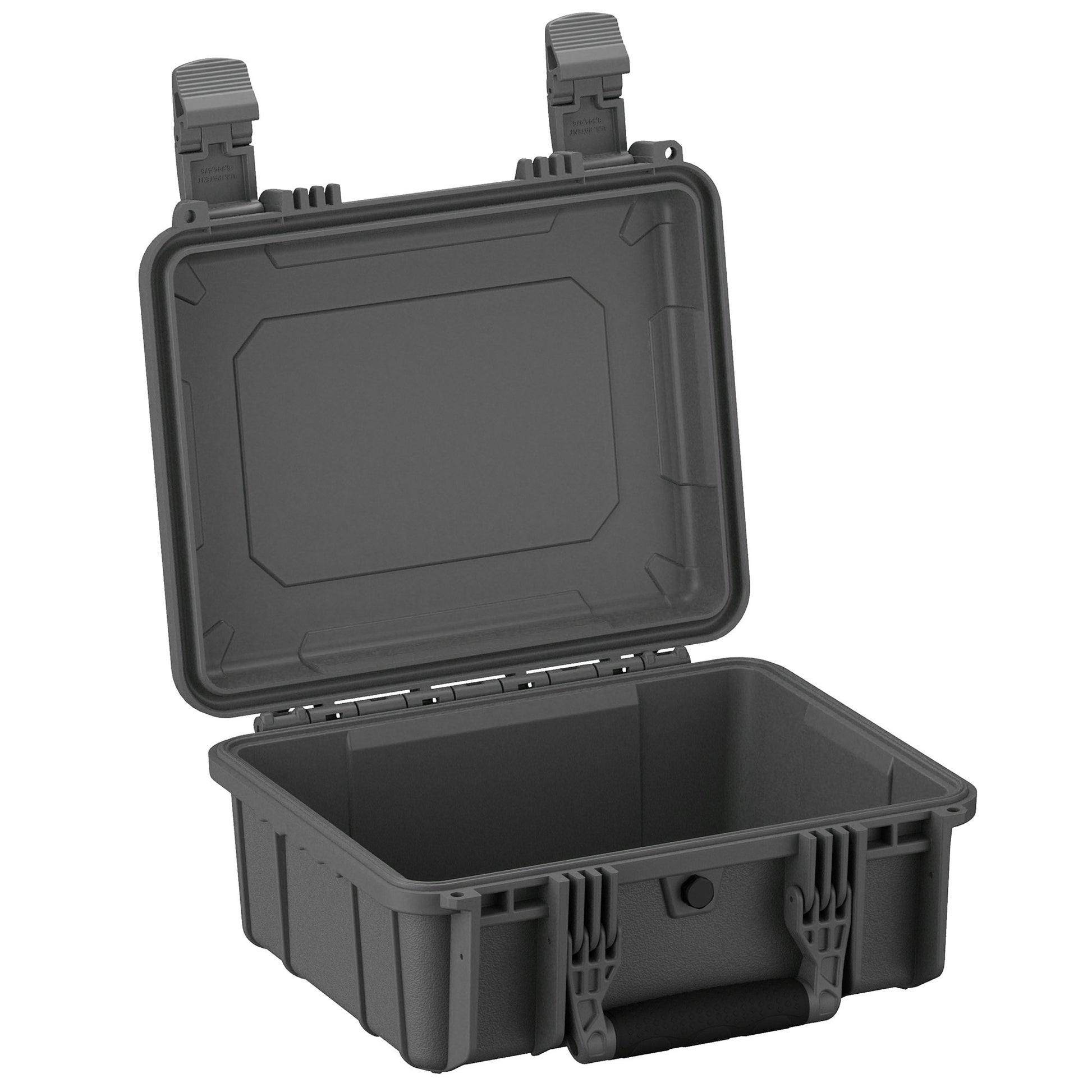 Alt text: "14-inch medium-sized rugged case #075 open and empty, featuring robust dual latching system and durable handle, ideal for secure storage and transportation."