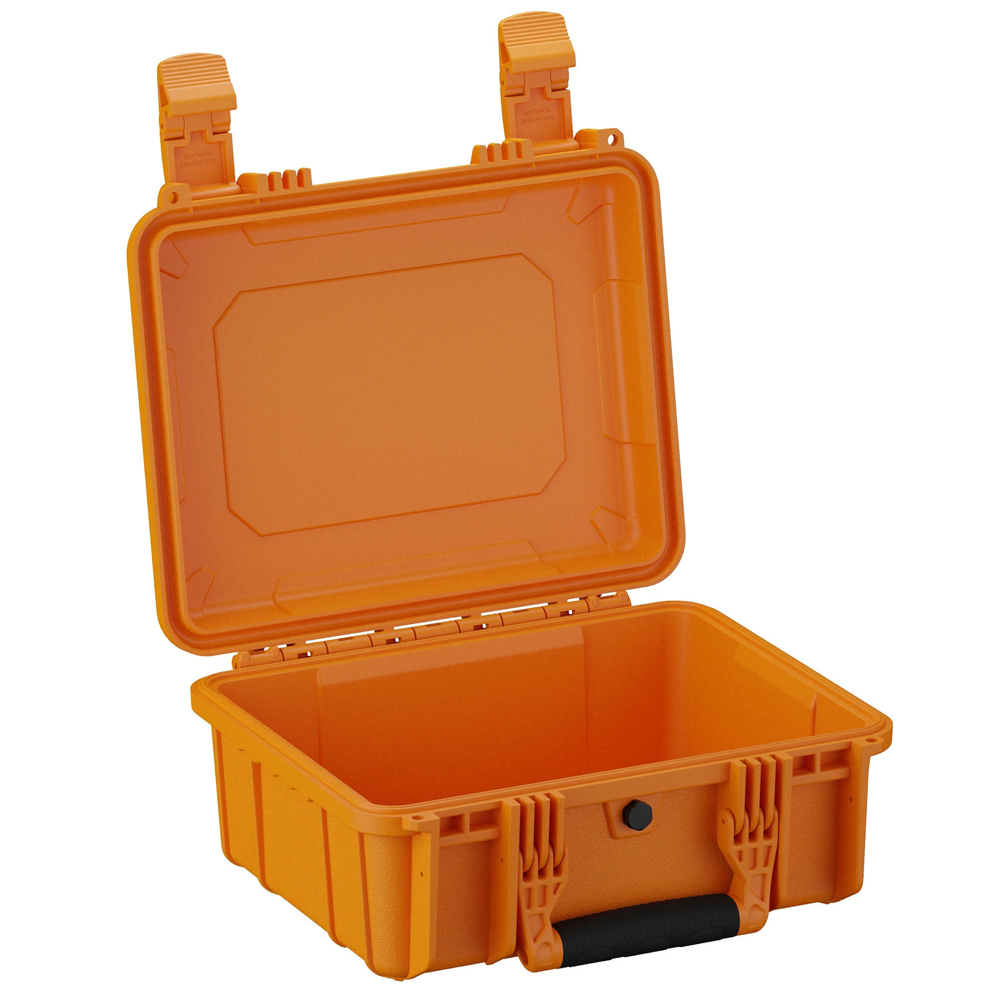 Alt text: "Open orange 14-inch medium-sized rugged case (Case #075) with durable latches and a foam-padded bottom, showing interior and lid design."