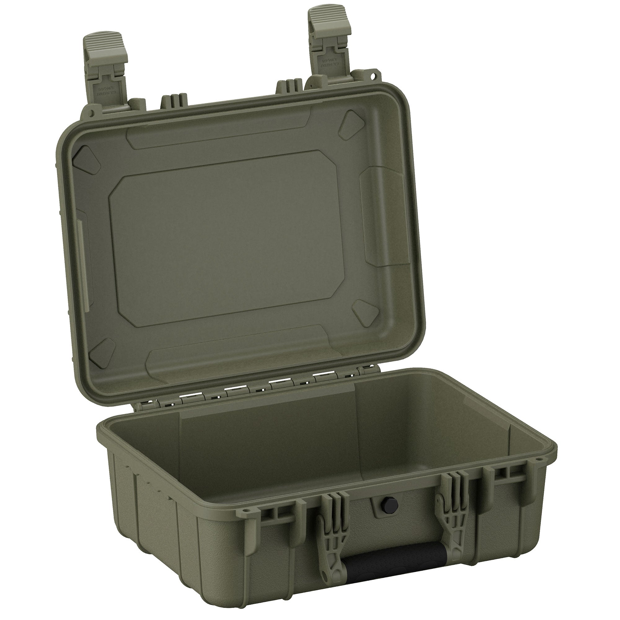 Alt text: "Open 16-inch medium-sized rugged case in military green with secure latches and reinforced corners, view highlighting the empty interior and durable exterior design."