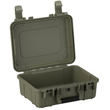 Alt text: "Open 16-inch medium-sized rugged case in military green with secure latches and reinforced corners, view highlighting the empty interior and durable exterior design."