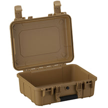 Alt text: Open 16-inch tan medium-sized case with rugged design, featuring sturdy latches and a foam-padded bottom, ideal for secure storage and protection of contents.