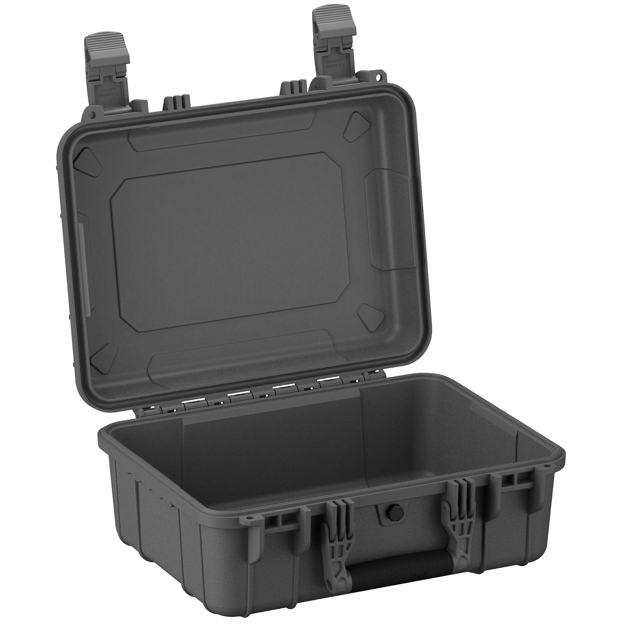 Alt text: "Open 16-inch medium-sized rugged black protective case, model #179, featuring robust dual latches and a reinforced exterior for durability and security."