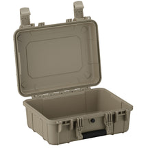 Alt text: "Open 16-inch medium-sized durable plastic case in olive drab color, featuring robust dual latches and a reinforced lid, designed for protective storage and transportation."