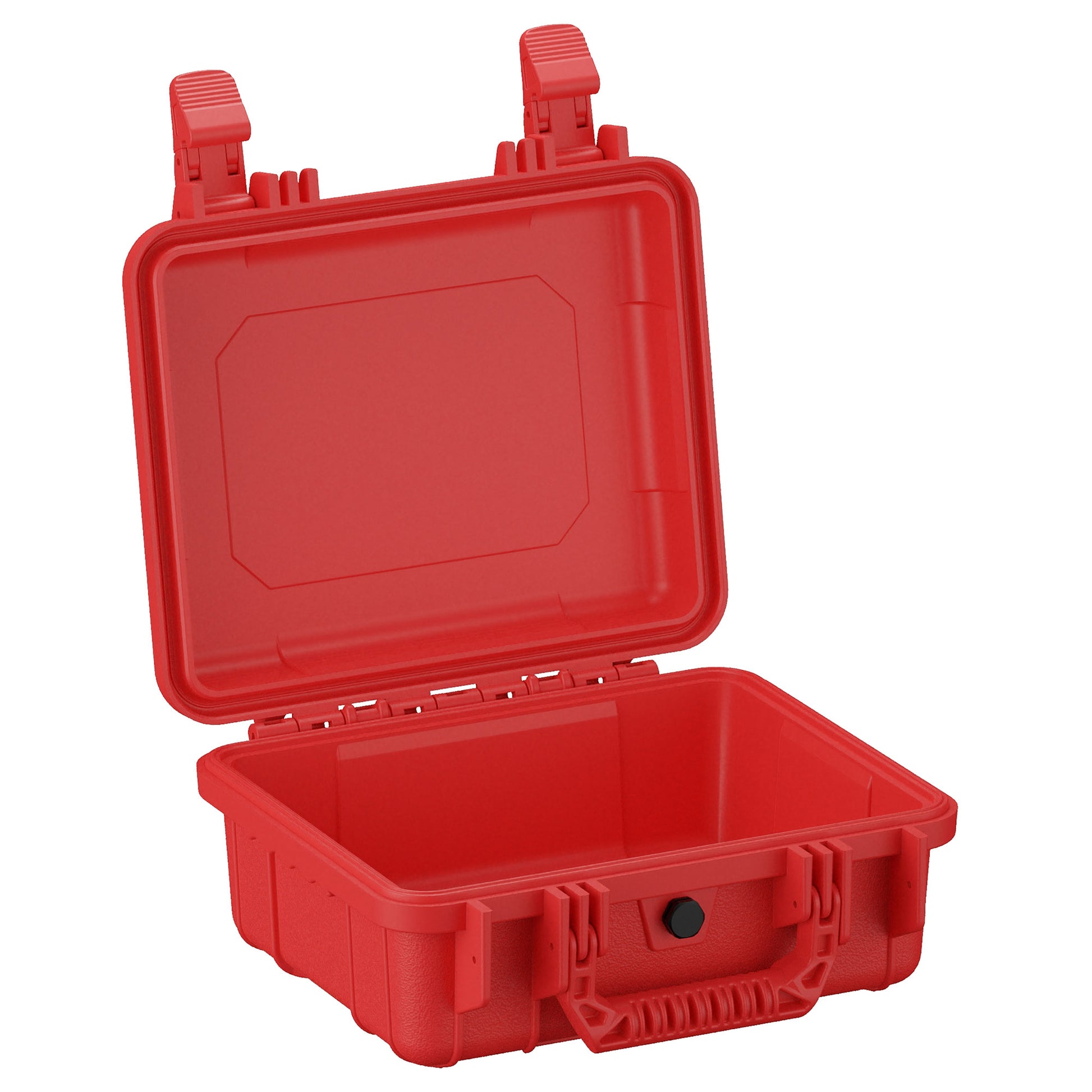 Red 11-inch small protective case open to show empty interior, featuring sturdy locking mechanisms and a handle, designed for secure storage and transport of items.