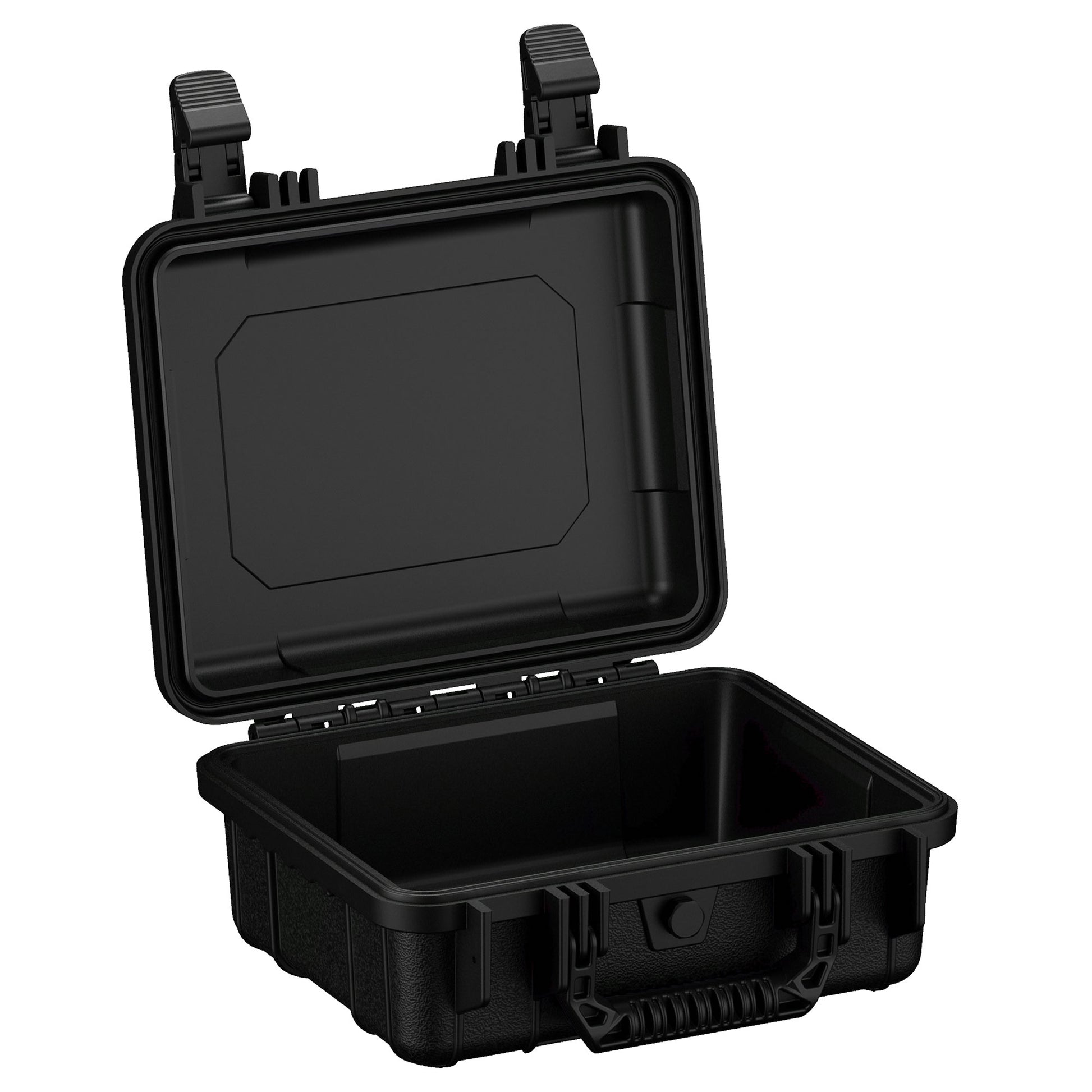 Alt text: "Black protective hard case, model #184, 11 inches, with an open lid showing the interior and sturdy external clasps, designed for securing and protecting delicate items."