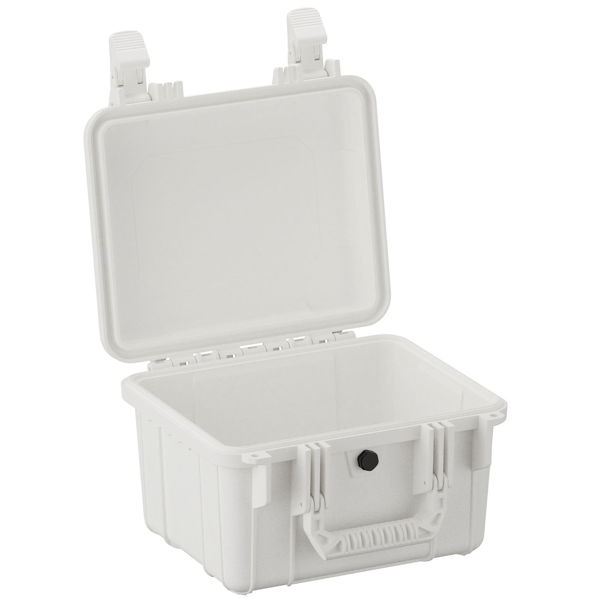 Alt text: "Open 11-inch small, rugged white protective case with durable latches and a drain plug, designed for secure storage and transportation."